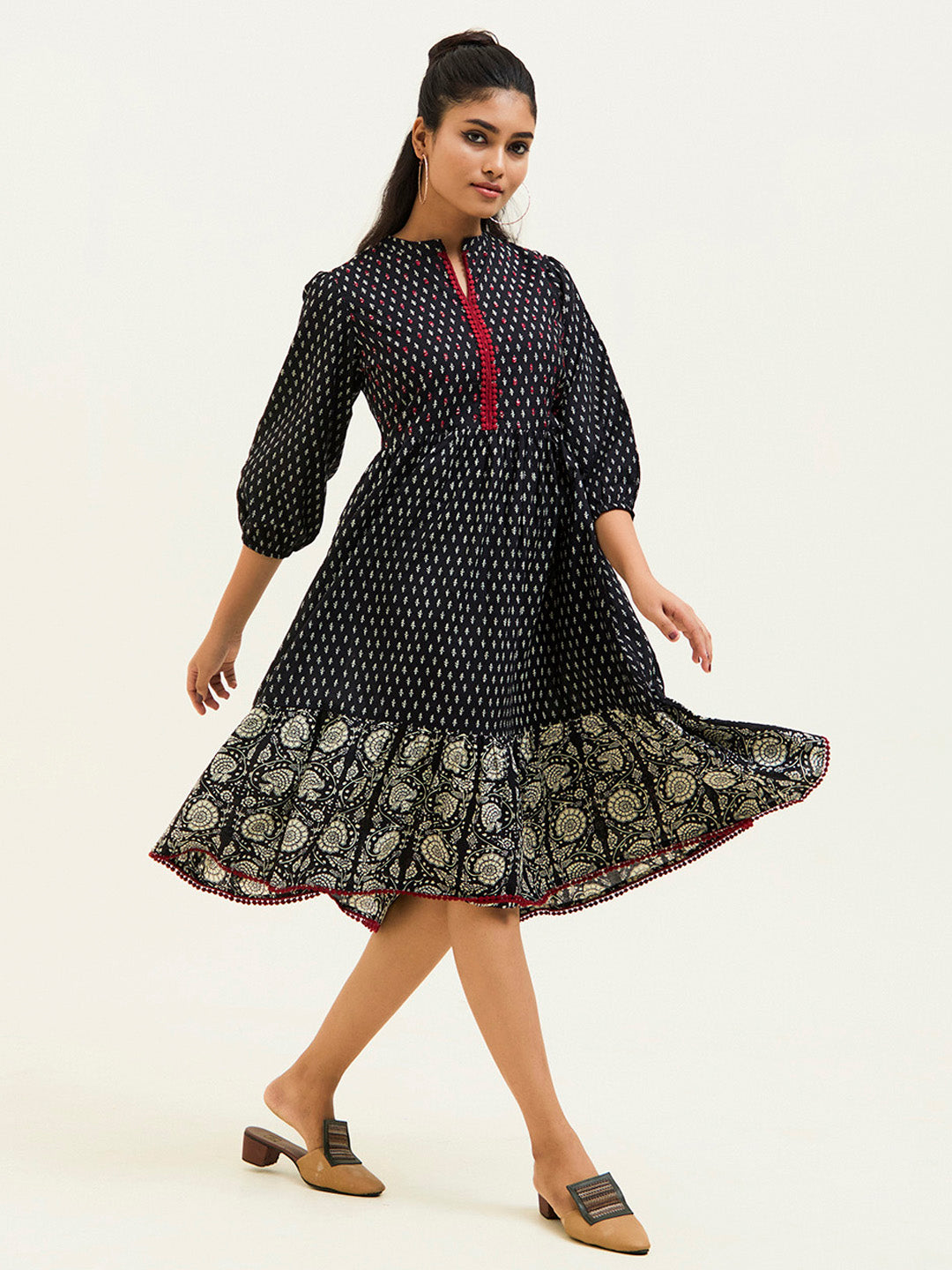 Black Handblock Printed Tiered Dress