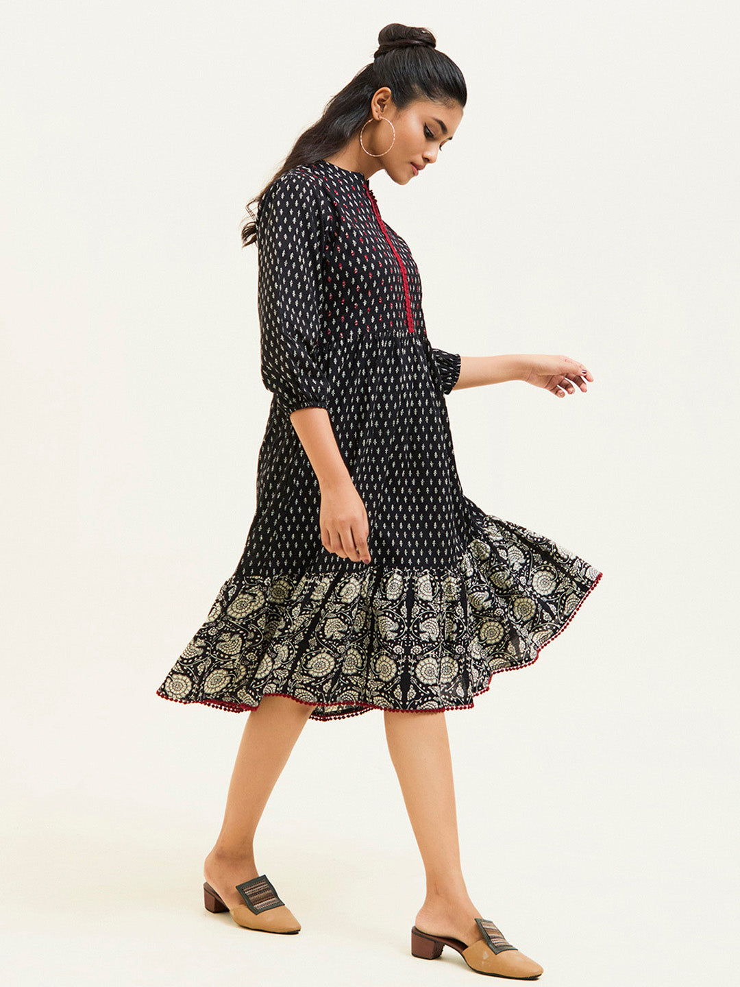 Black Handblock Printed Tiered Dress