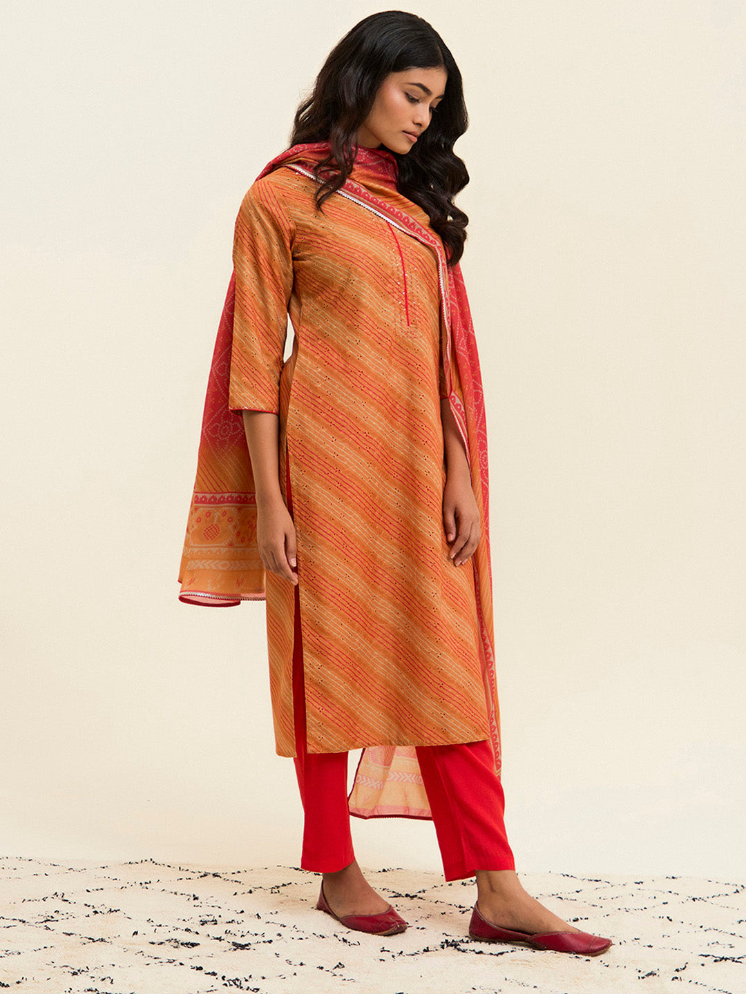 Orange Schiffli Embroidered Leheriya Festive Suit Set