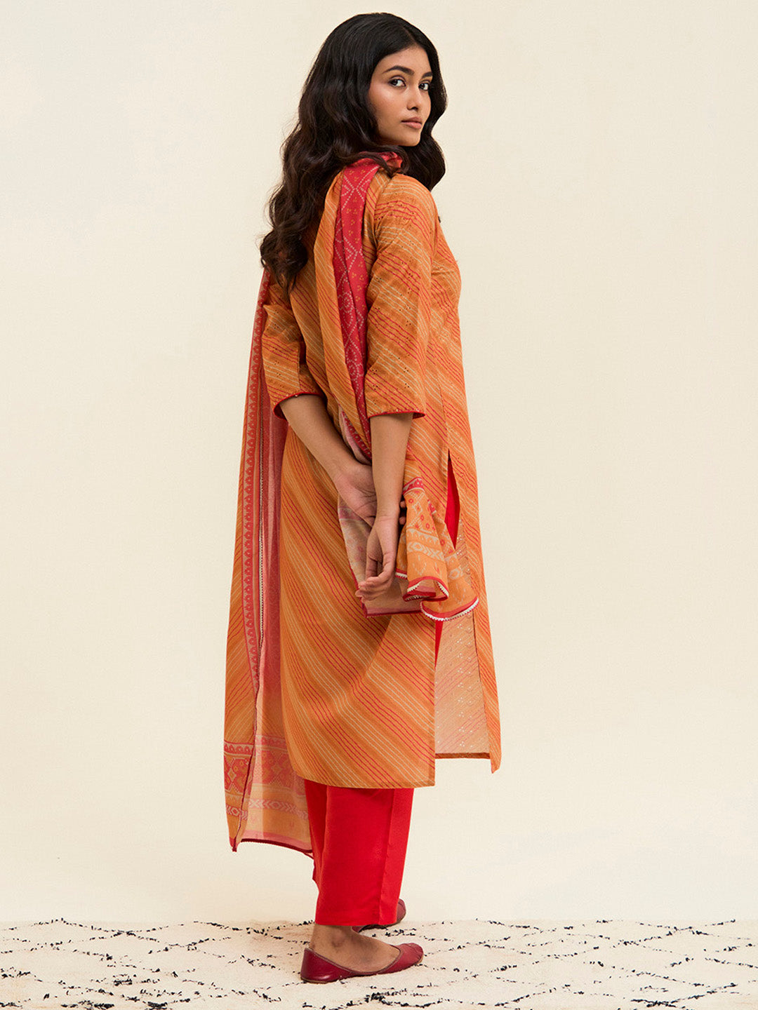 Orange Schiffli Embroidered Leheriya Festive Suit Set