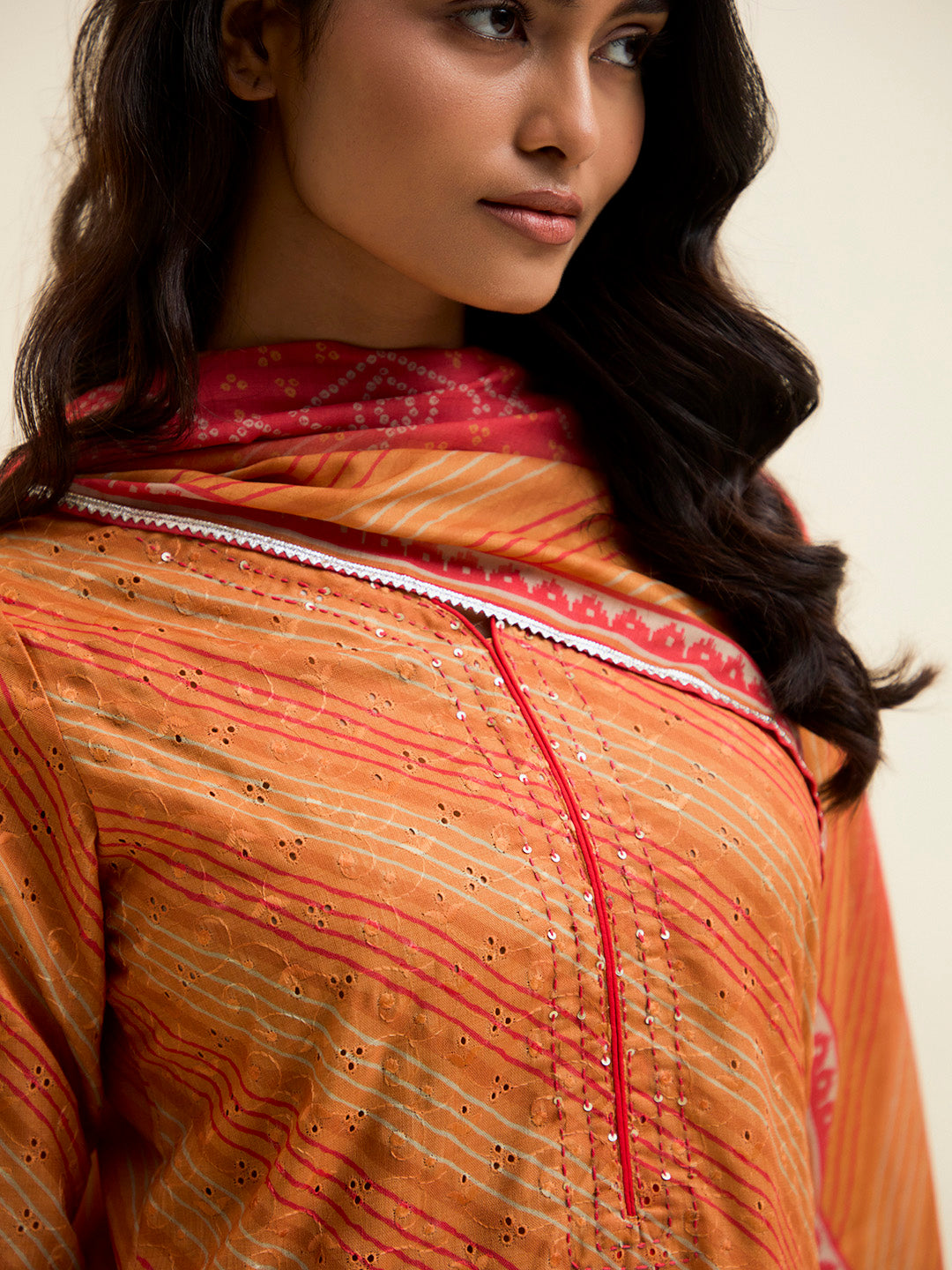 Orange Schiffli Embroidered Leheriya Festive Suit Set