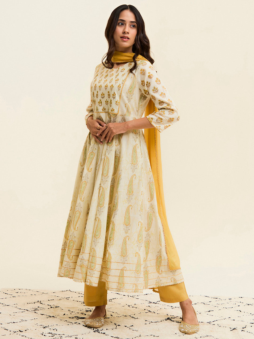 Yellow Block Printed Anarkali Kurta Set With Dupatta