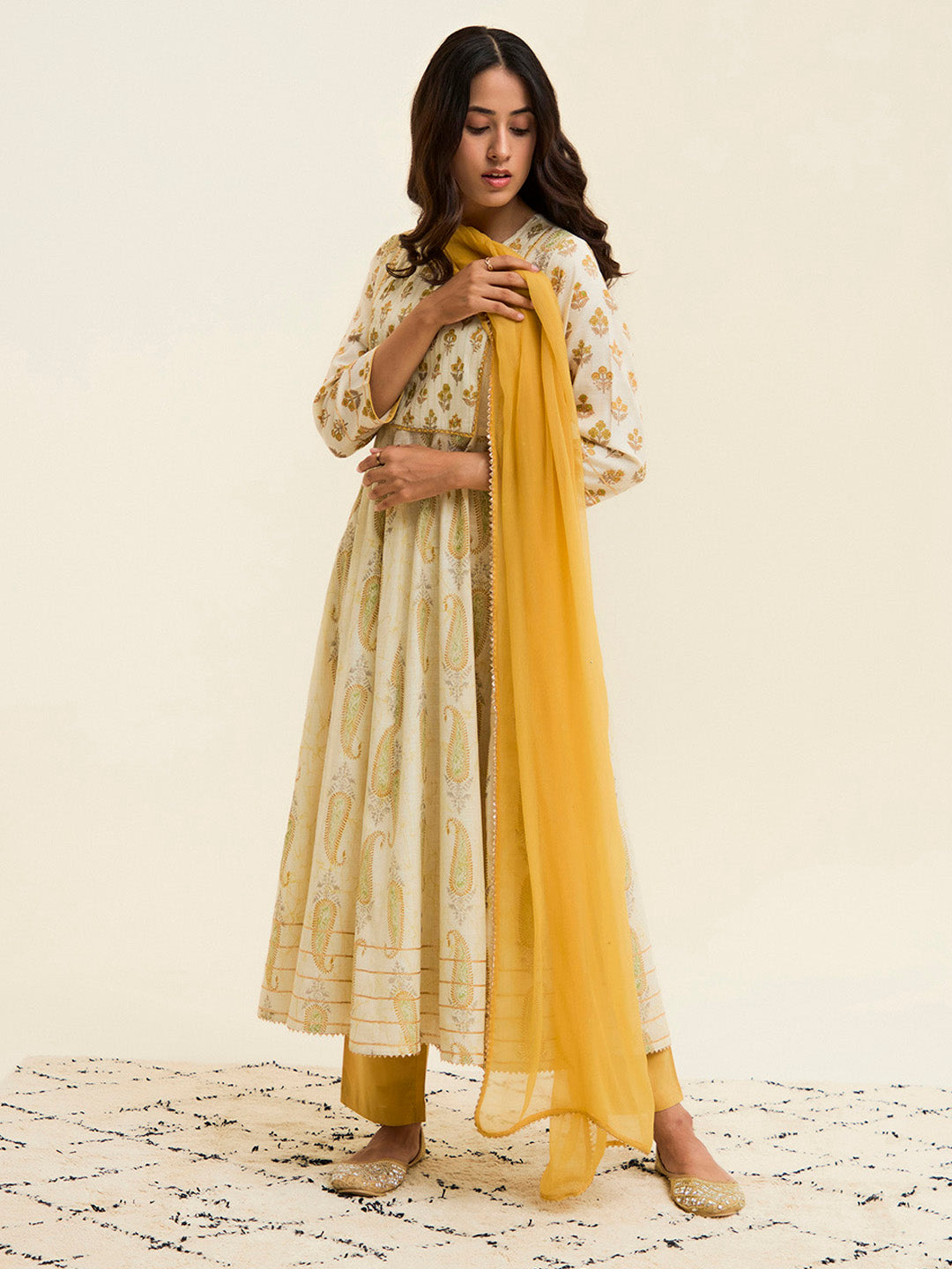 Yellow Block Printed Anarkali Kurta Set With Dupatta