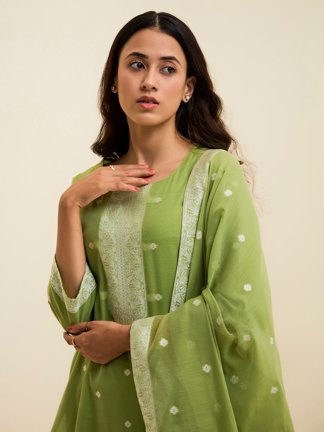 Green Chanderi Jacquard Floral Self-Woven Suit Set