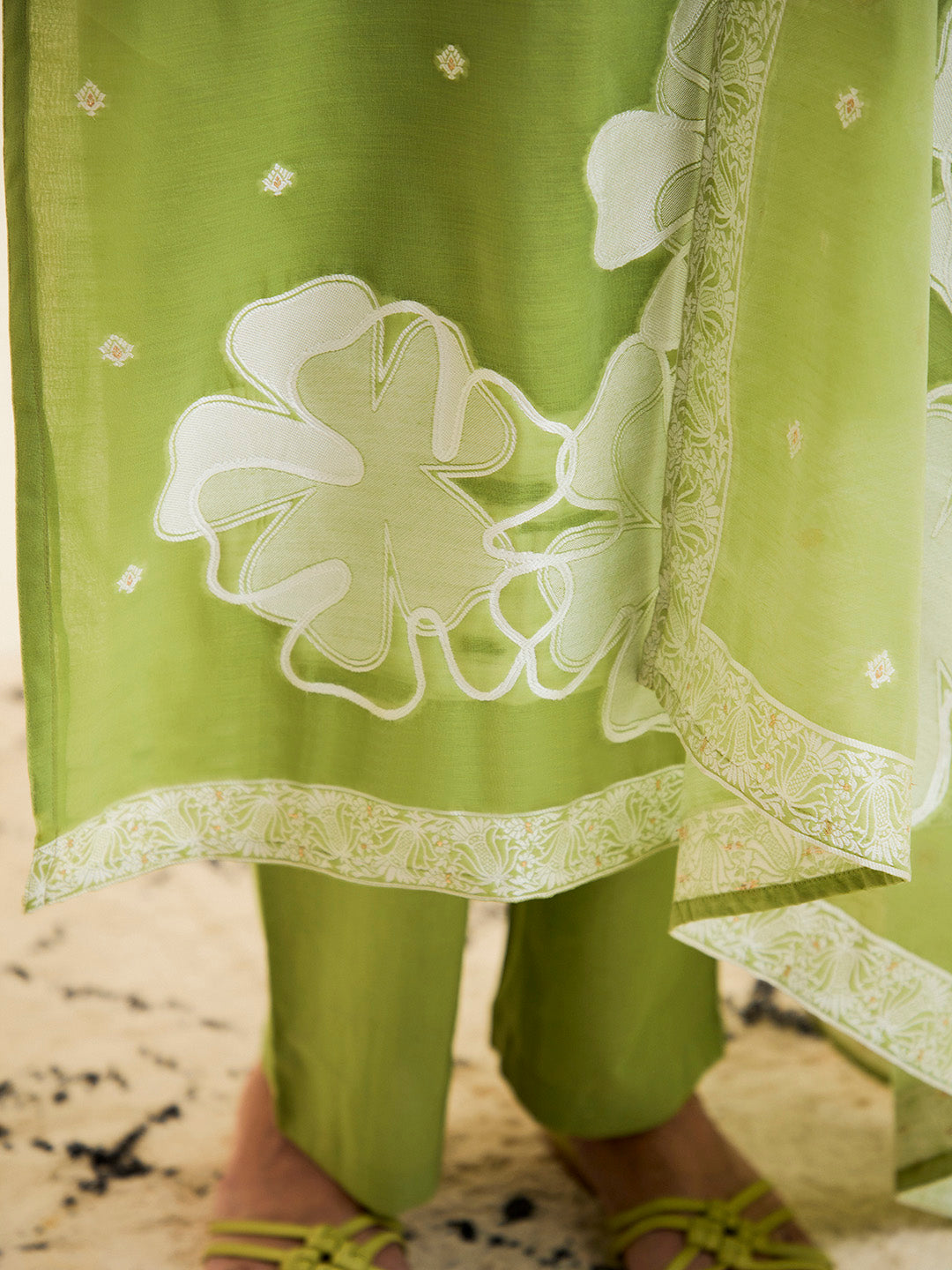 Green Chanderi Jacquard Floral Self-Woven Suit Set