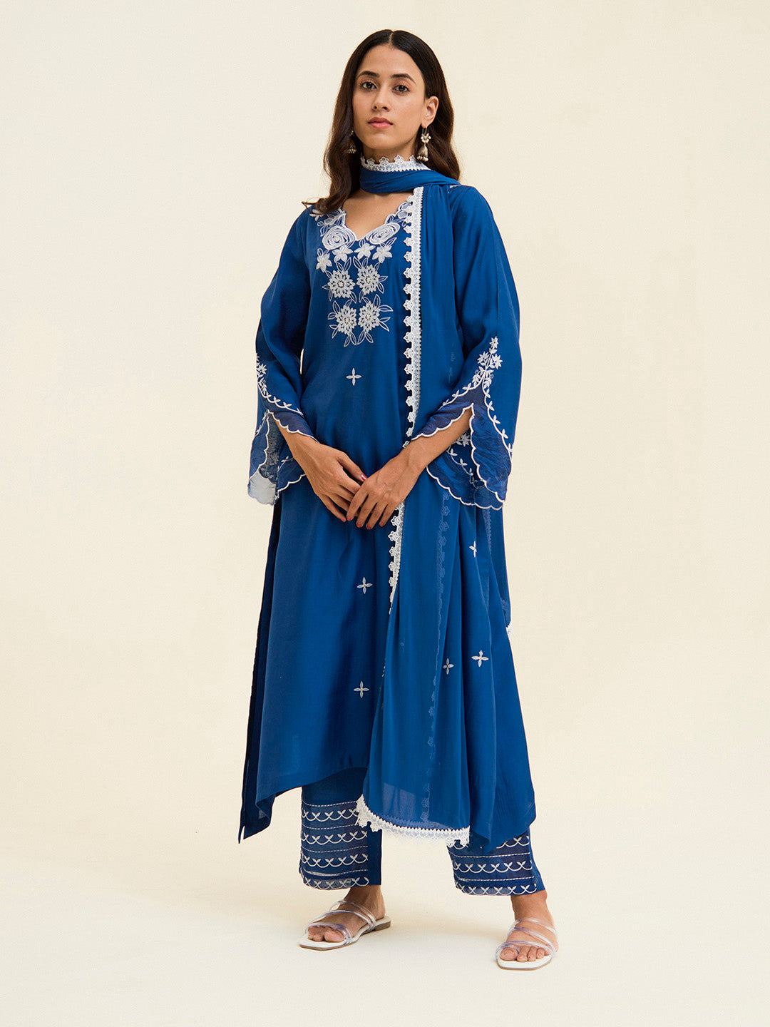 Cobalt Blue Resham Embroidered Kurta With Palazzo And Dupatta