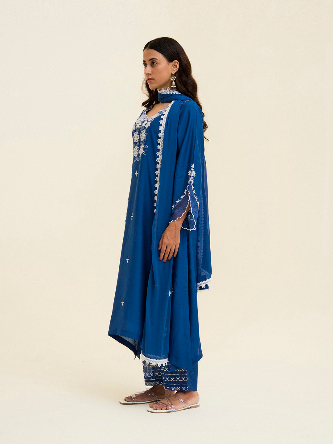 Cobalt Blue Resham Embroidered Kurta With Palazzo And Dupatta
