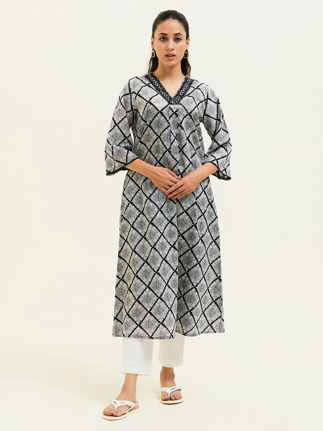 Black Handblock Printed Mirror Work Pakistani Kurta