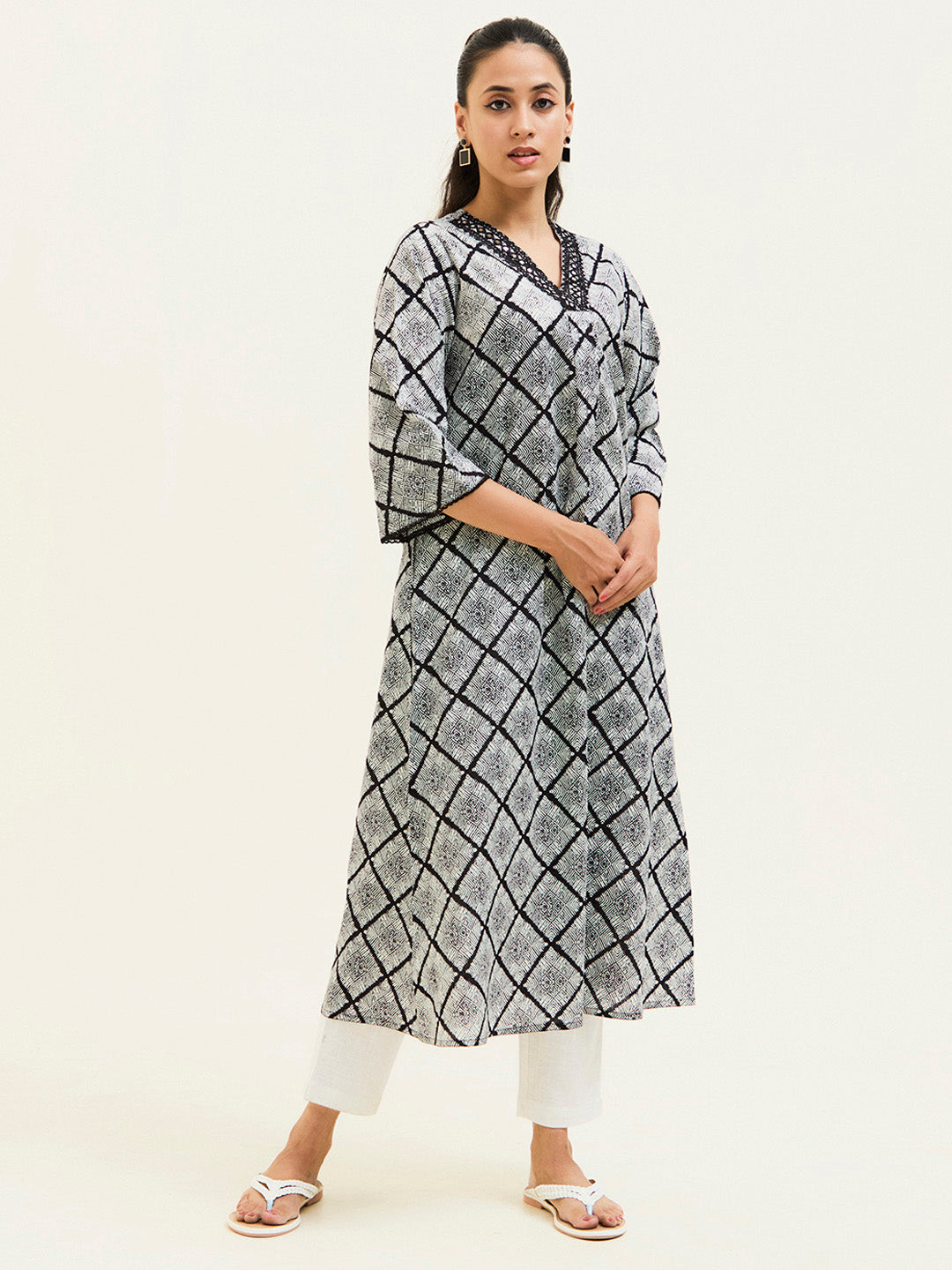 Black Handblock Printed Mirror Work Pakistani Kurta