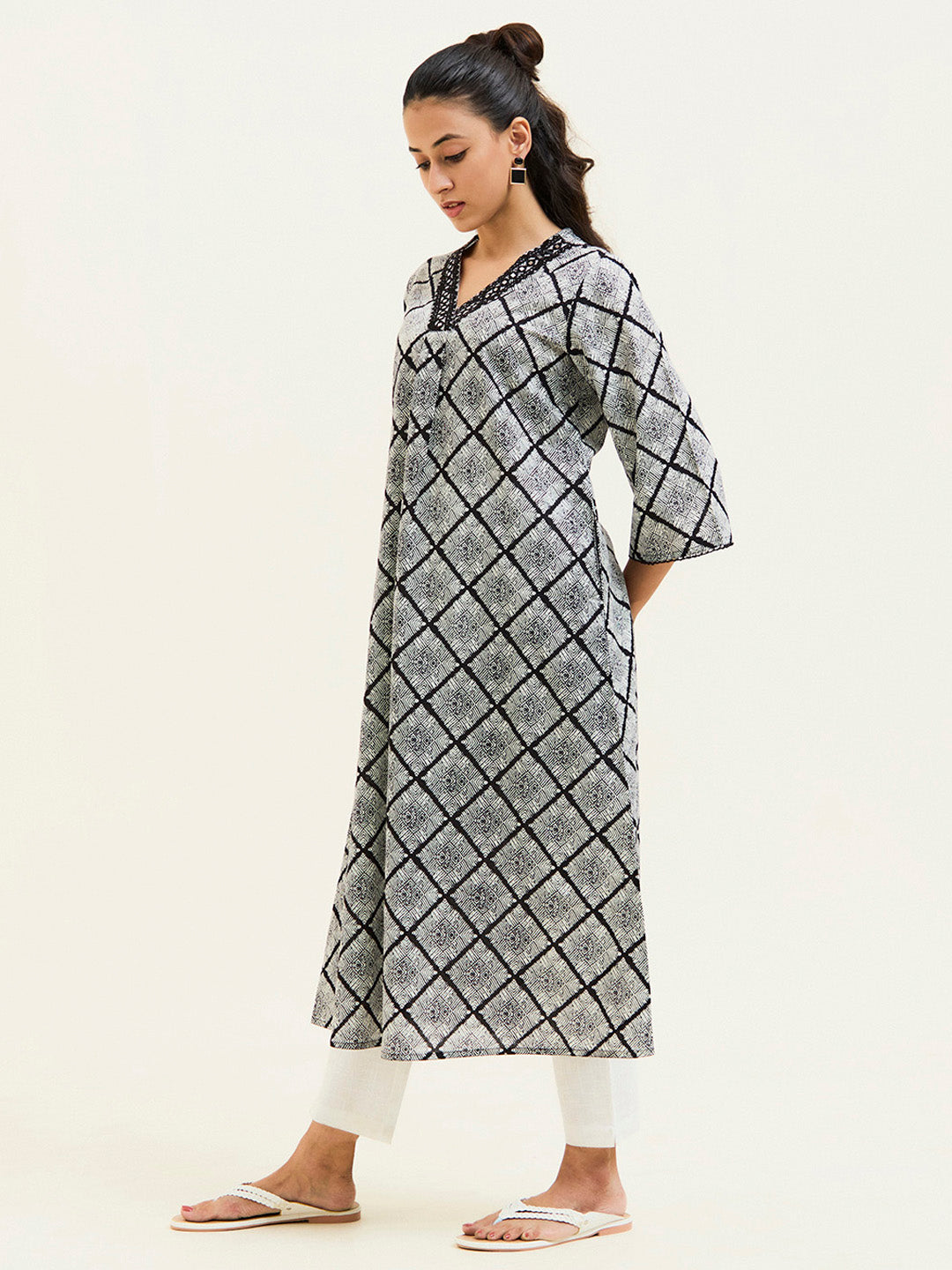 Black Handblock Printed Mirror Work Pakistani Kurta