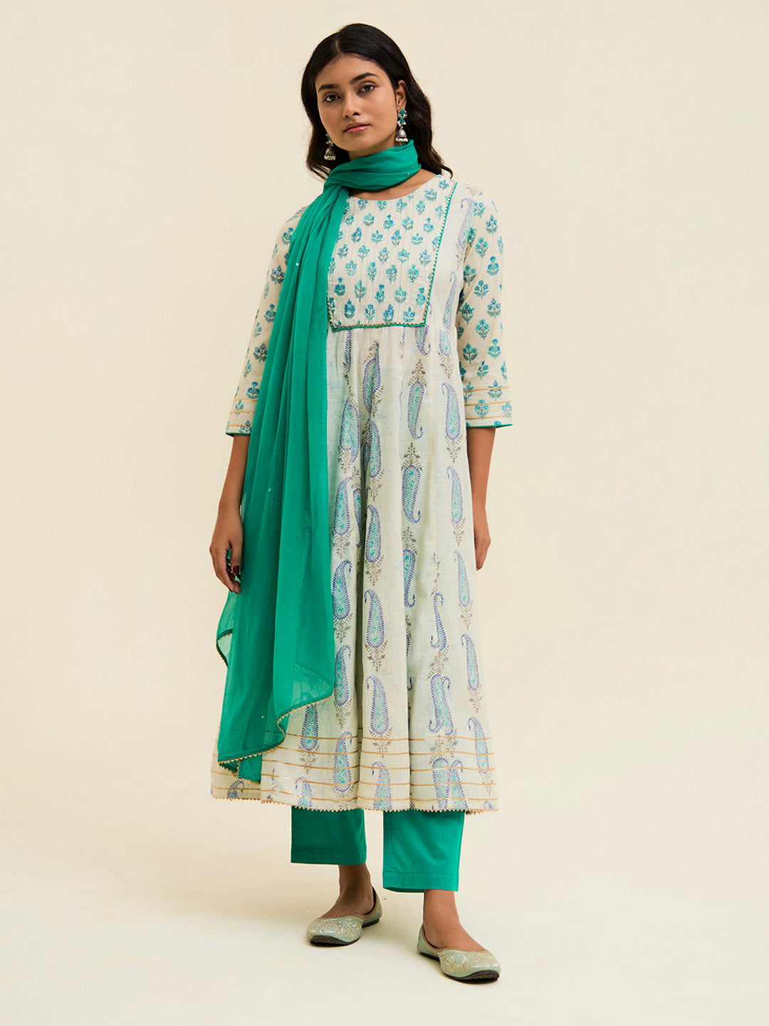 Turquoise Blue Block Printed Anarkali Kurta Set With Dupatta