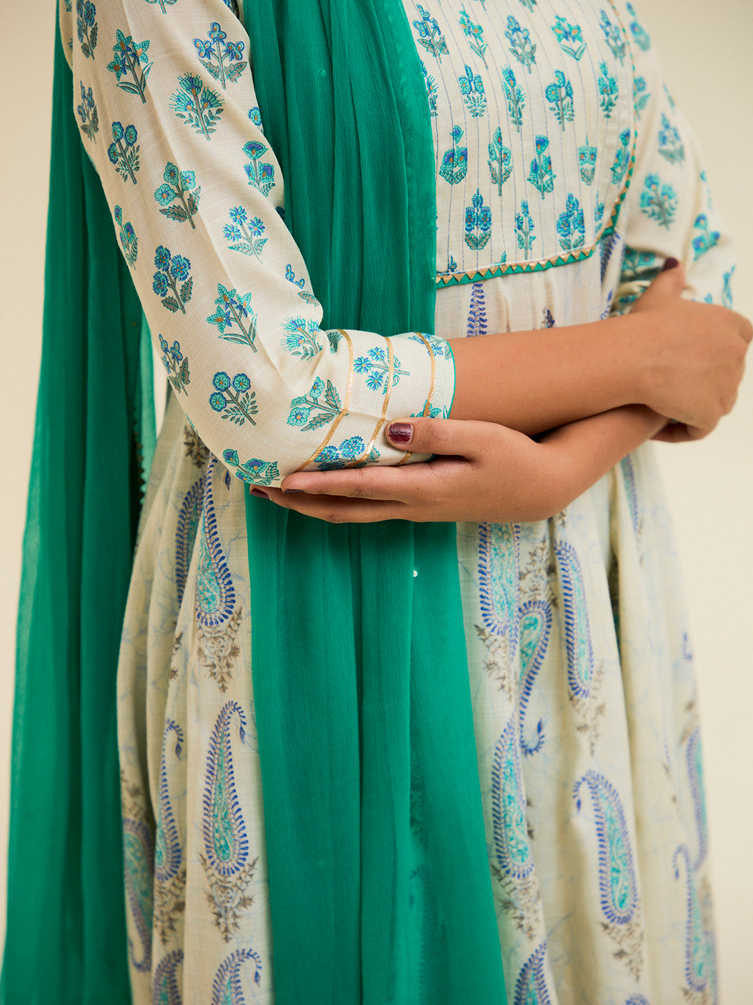 Turquoise Blue Block Printed Anarkali Kurta Set With Dupatta