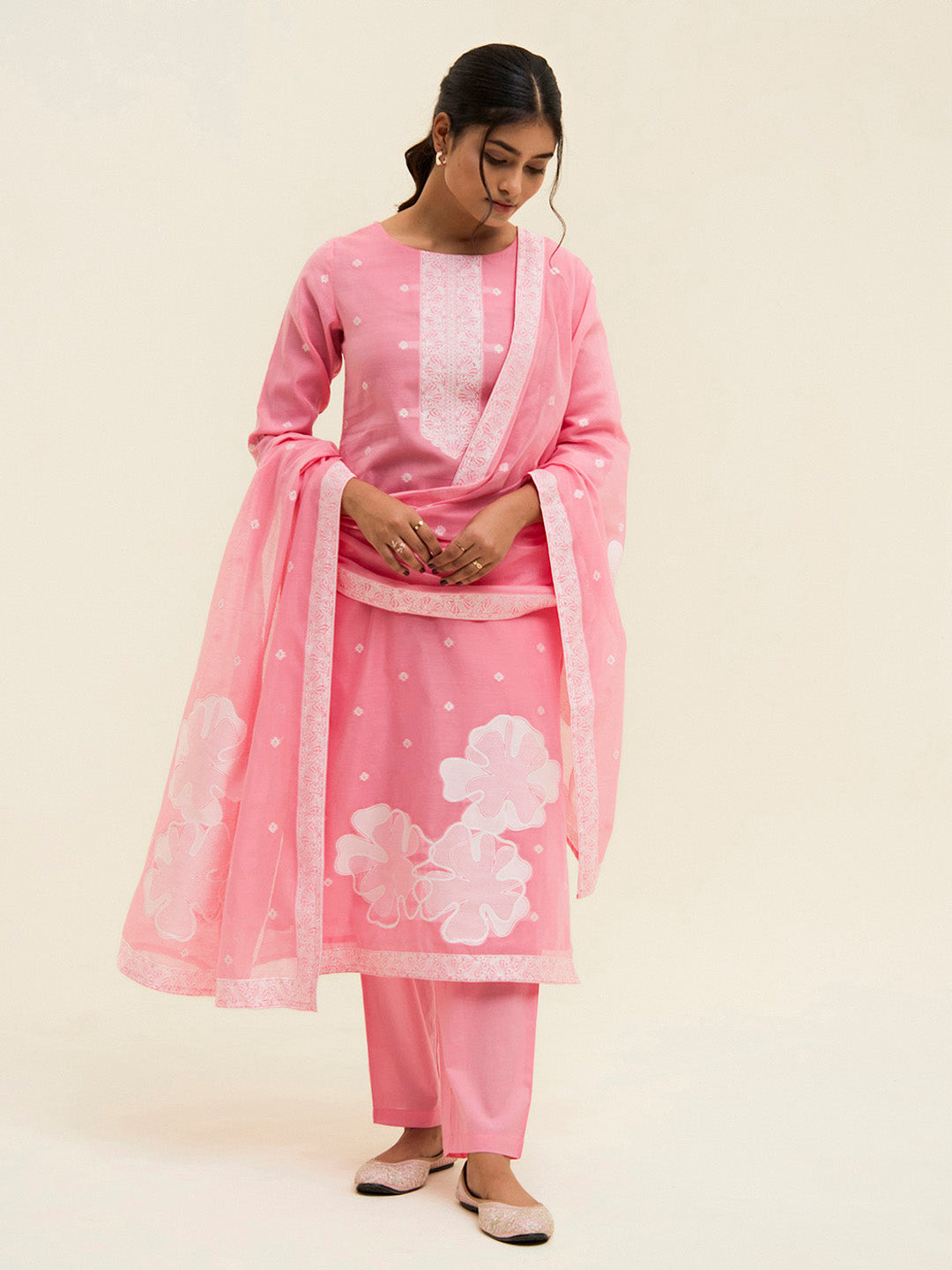 Pink Chanderi Jacquard Floral Self-Woven Suit Set