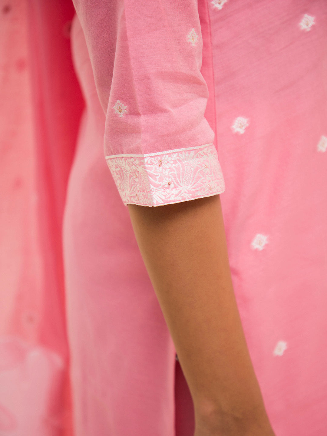 Pink Chanderi Jacquard Floral Self-Woven Suit Set