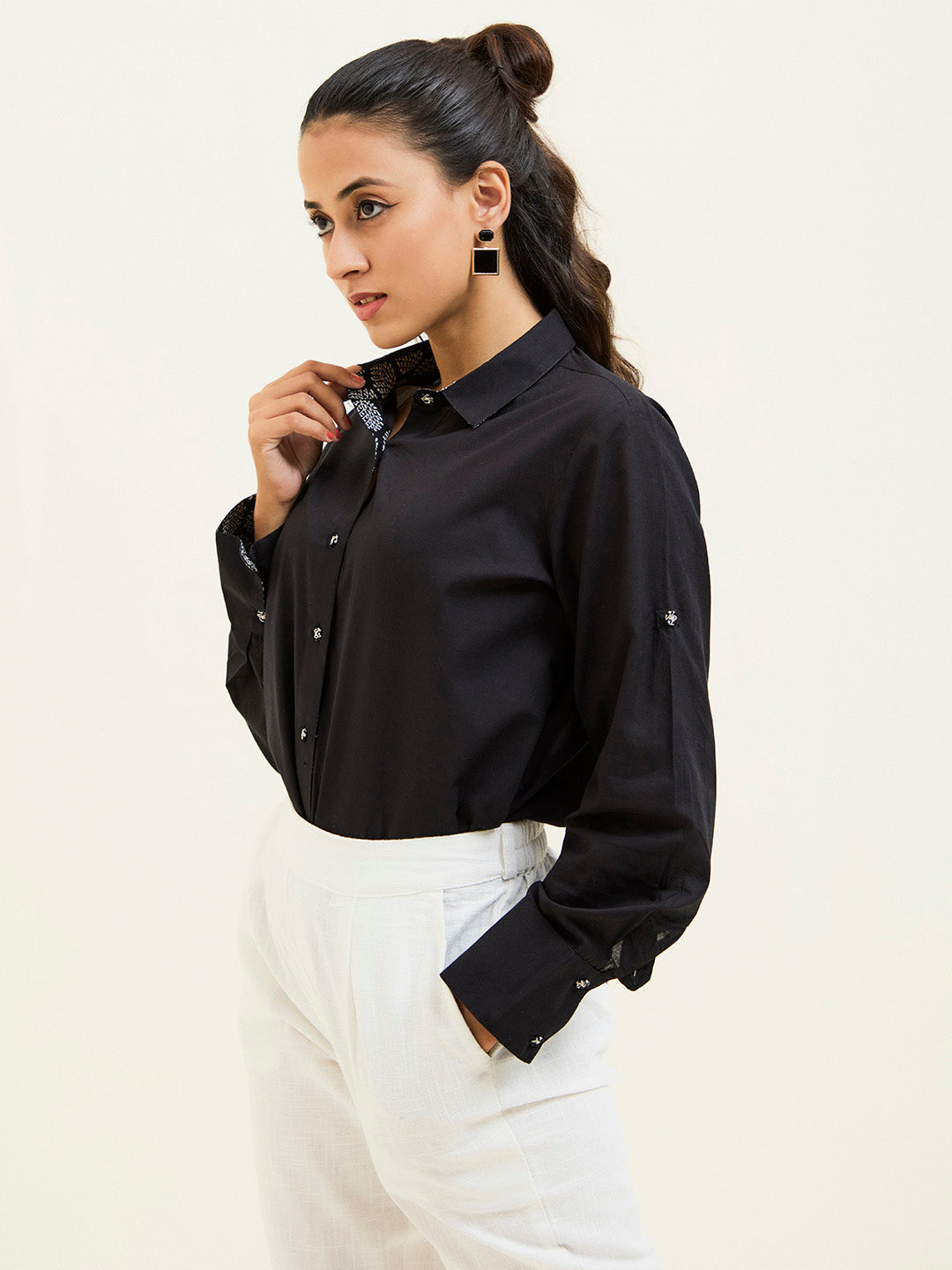 Black Cotton Full Sleeves Casual Shirt