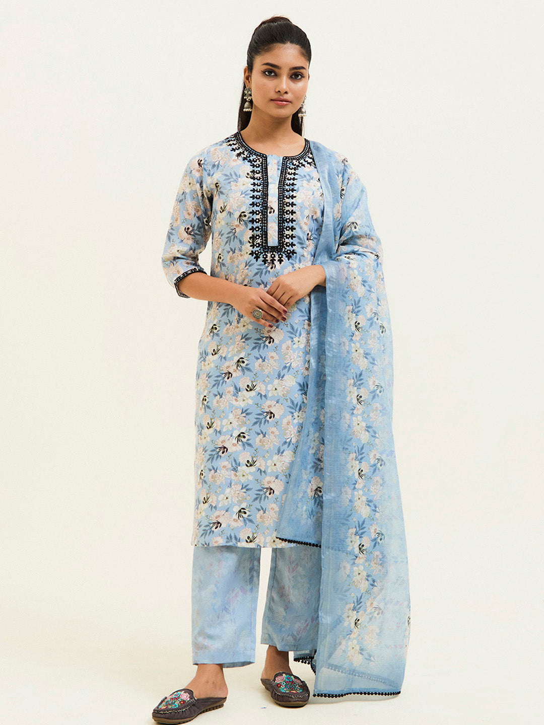 Blue Floral Printed Embroidered Suit Set
