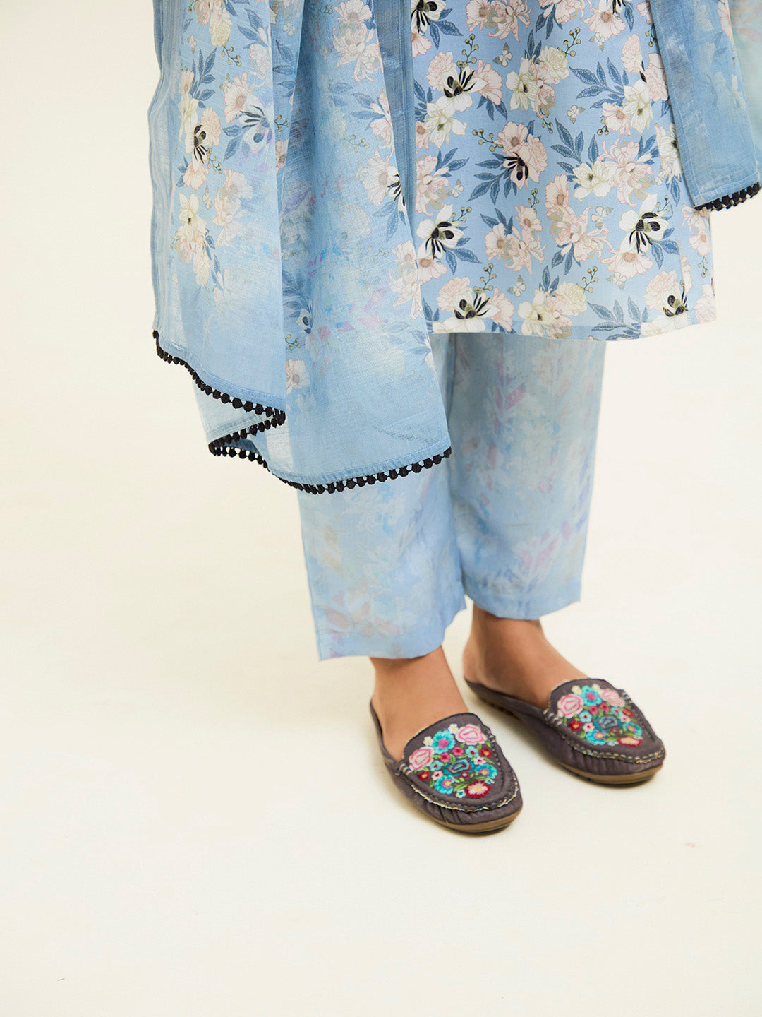 Blue Floral Printed Embroidered Suit Set