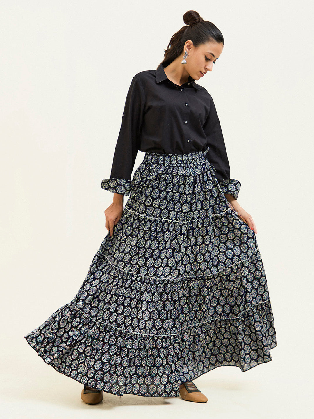 Black Handblock Printed Cotton Skirt