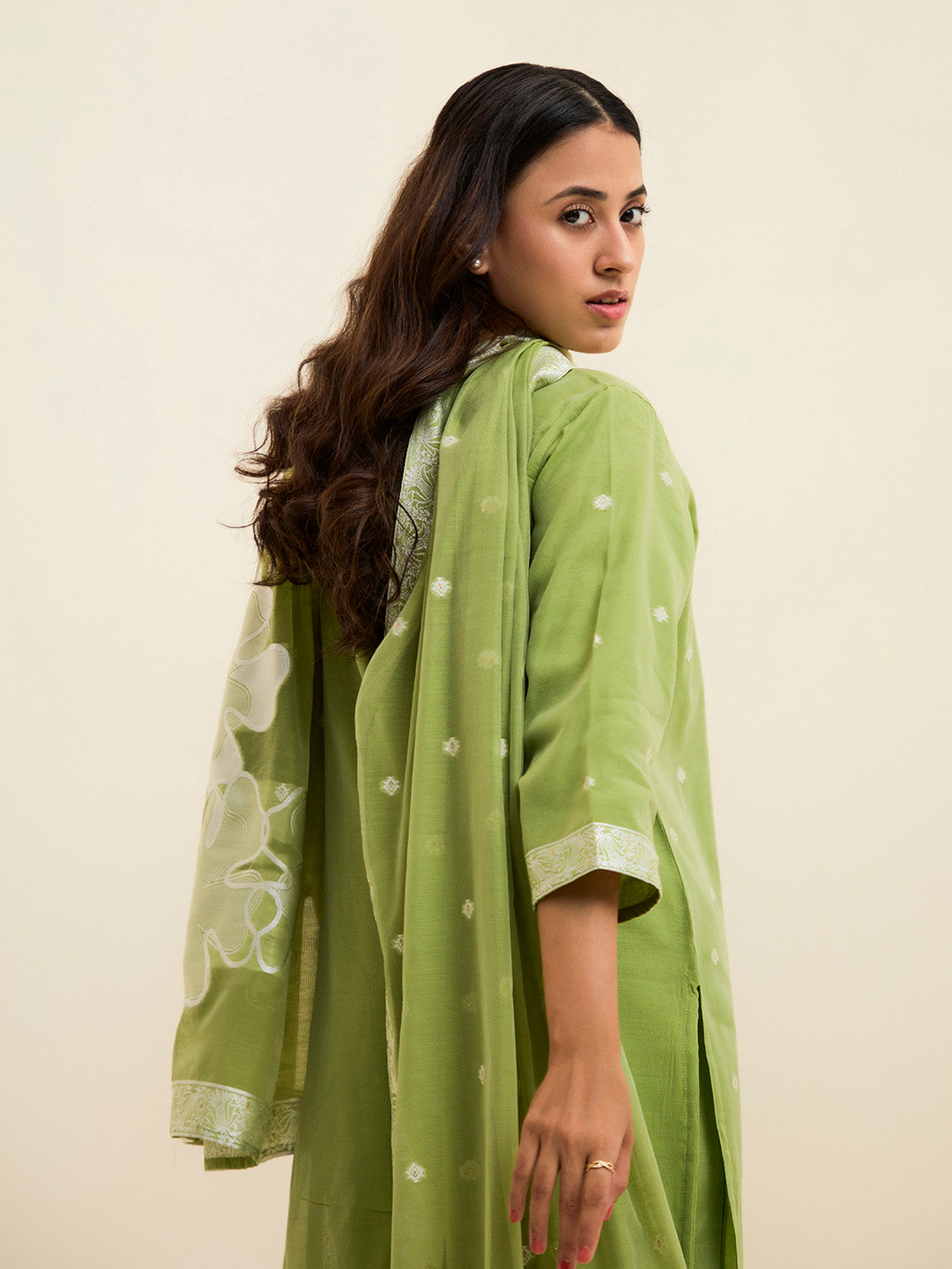 Green Chanderi Jacquard Floral Self-Woven Suit Set