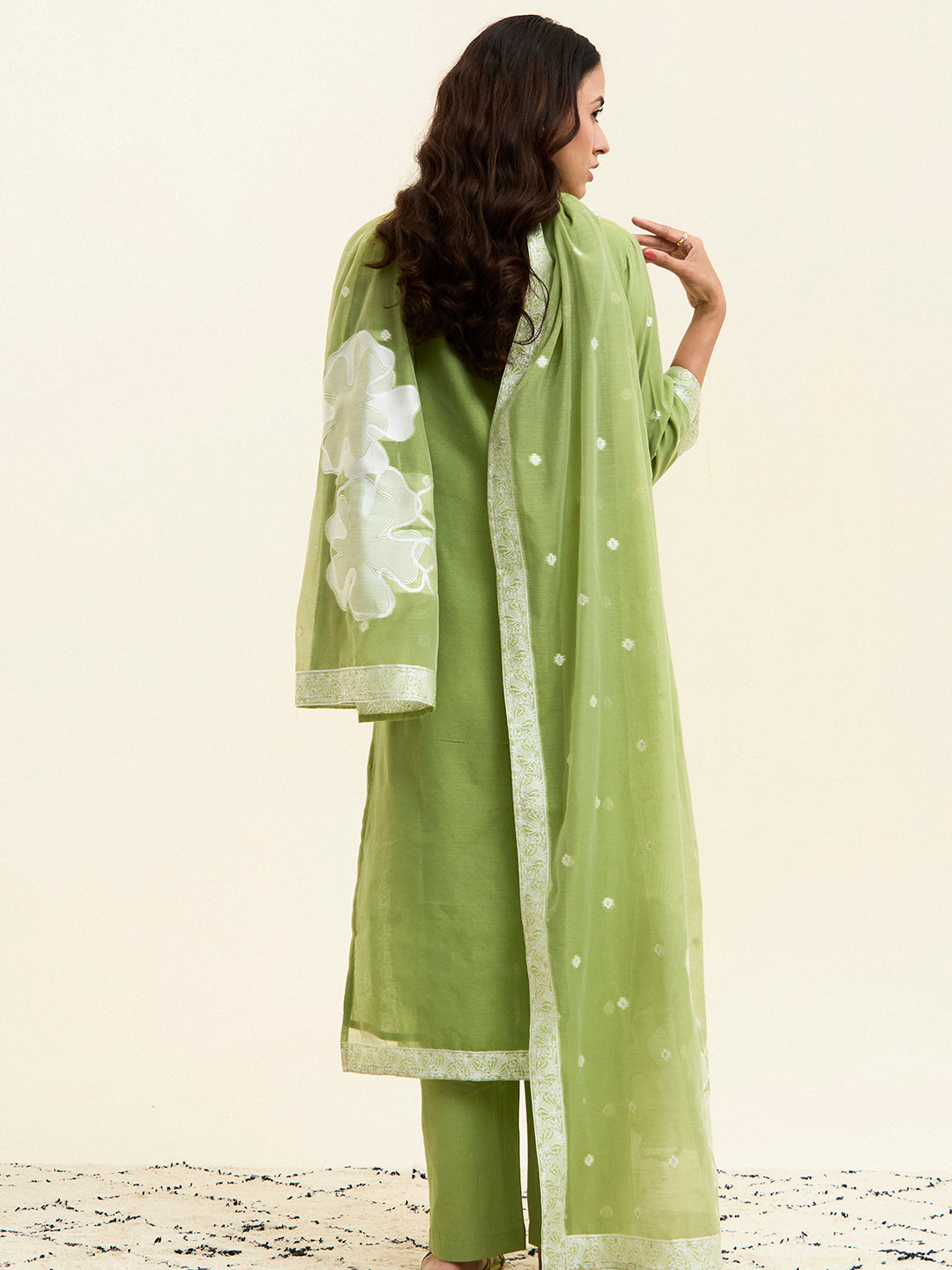 Green Chanderi Jacquard Floral Self-Woven Suit Set