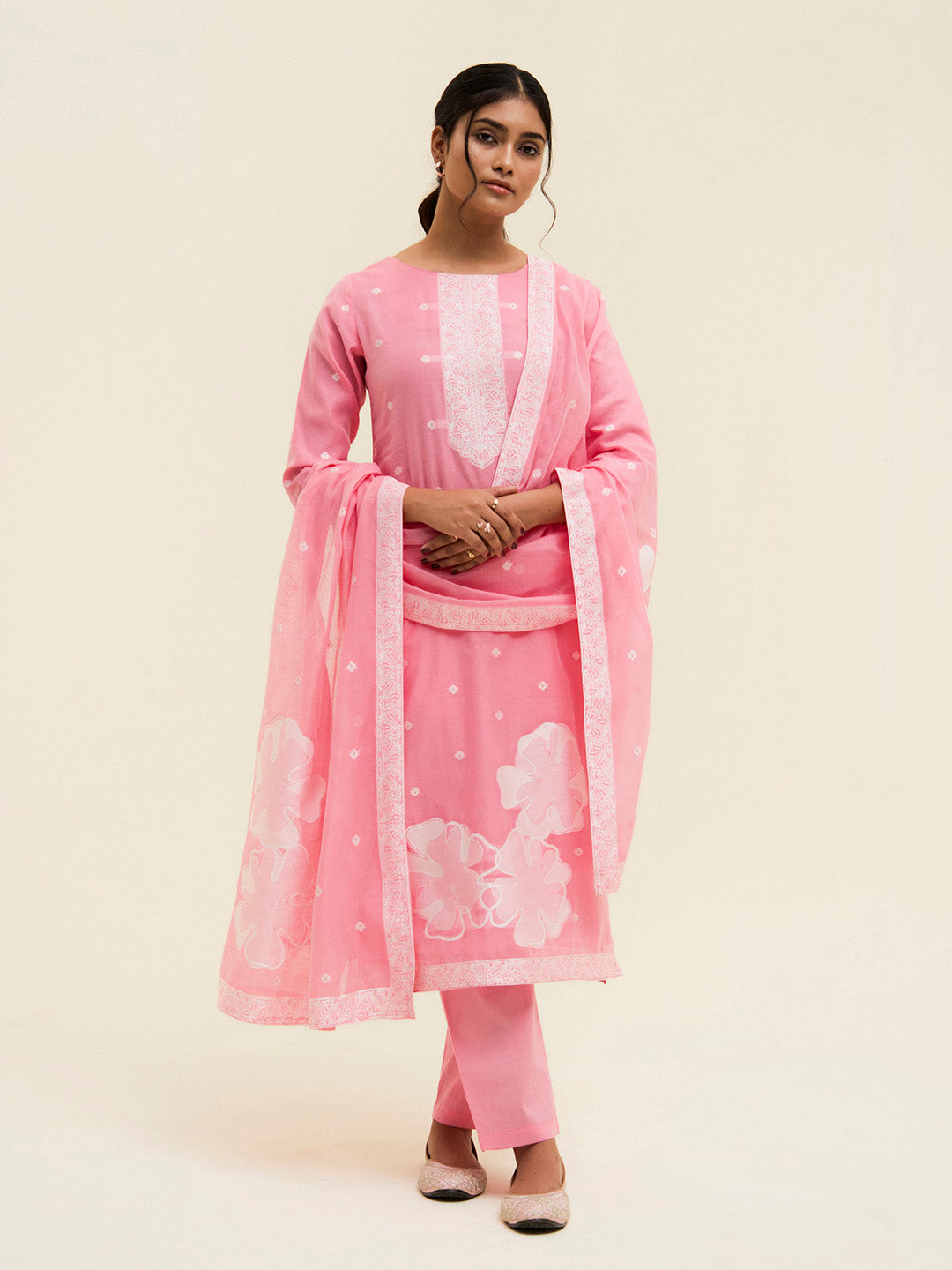 Pink Chanderi Jacquard Floral Self-Woven Suit Set