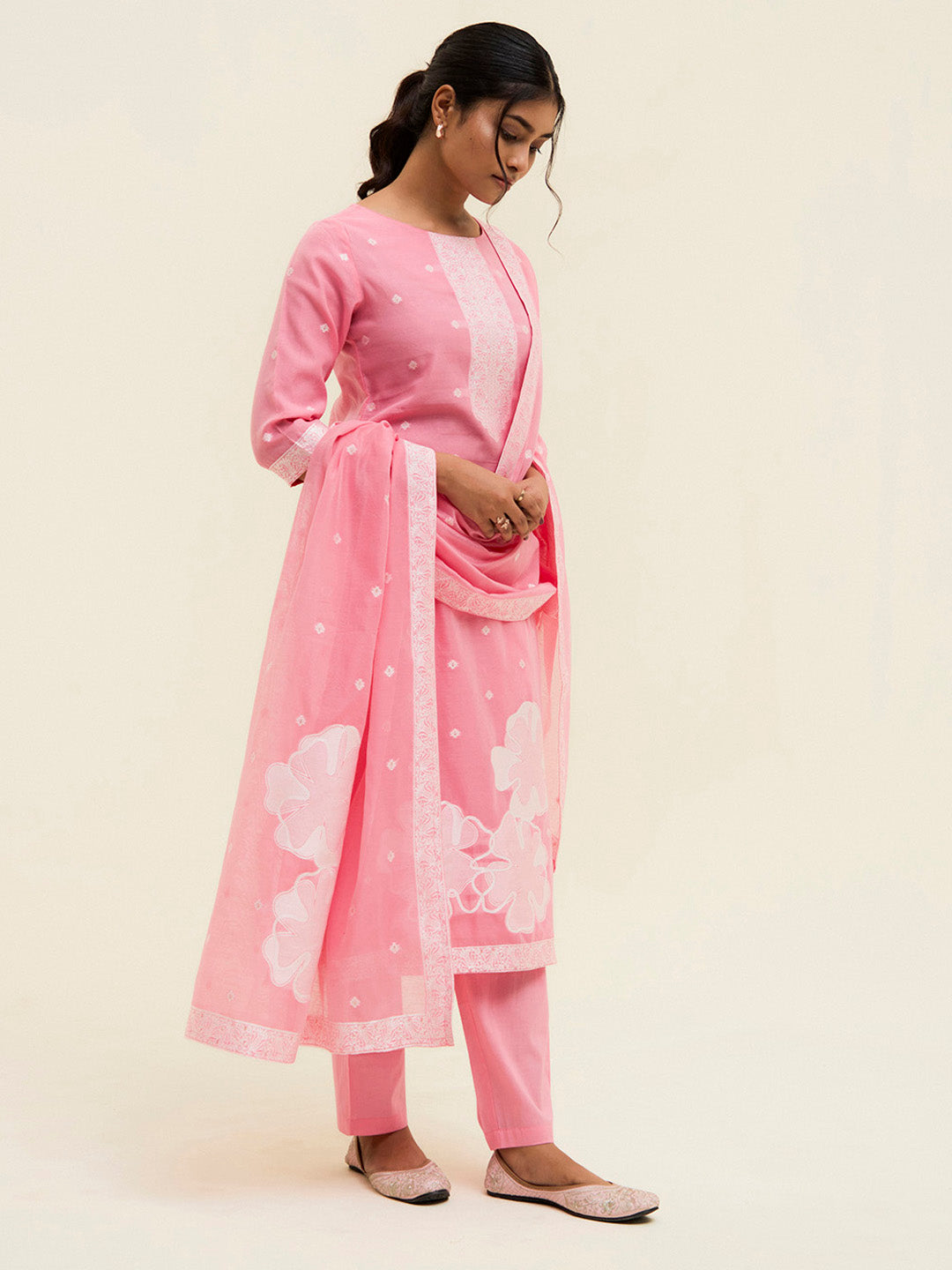 Pink Chanderi Jacquard Floral Self-Woven Suit Set