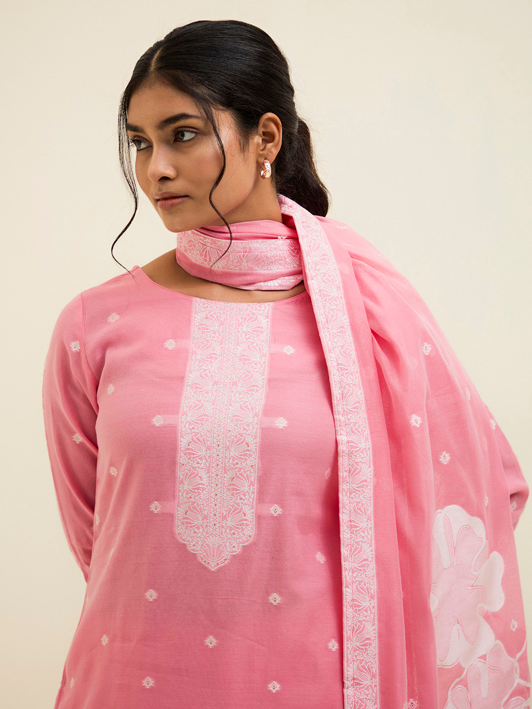 Pink Chanderi Jacquard Floral Self-Woven Suit Set