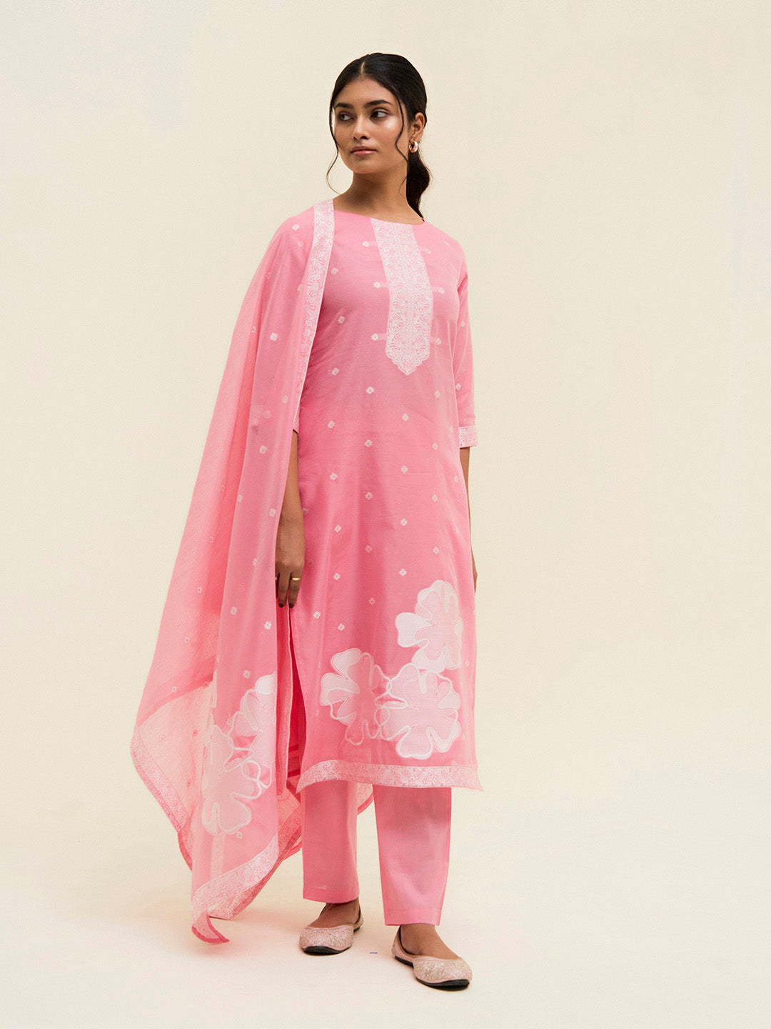 Pink Chanderi Jacquard Floral Self-Woven Suit Set