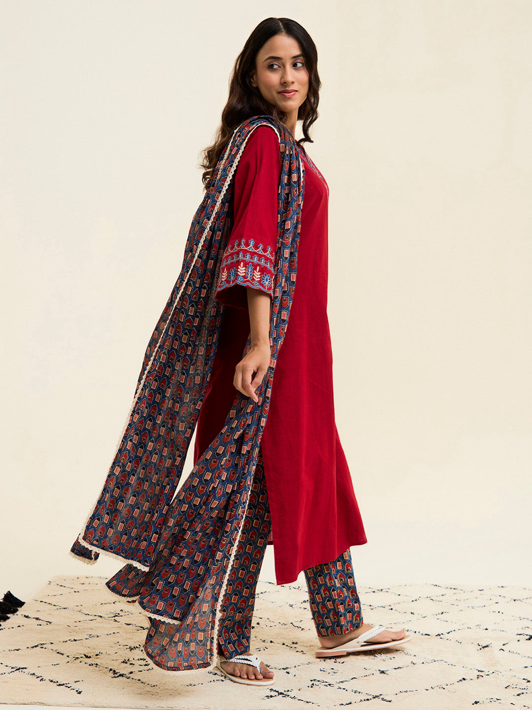 Maroon Embroidered Cotton Kurta Set With Dupatta