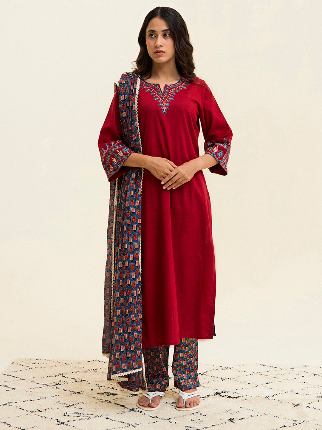 Maroon Embroidered Cotton Kurta Set With Dupatta