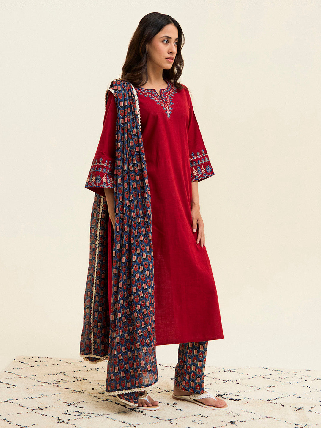 Maroon Embroidered Cotton Kurta Set With Dupatta