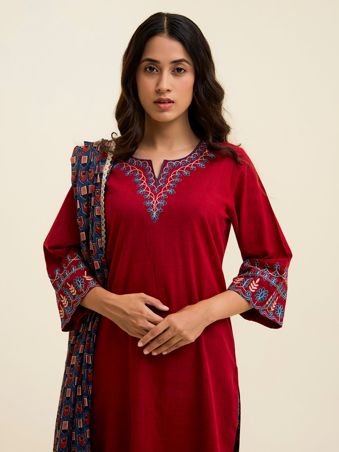 Maroon Embroidered Cotton Kurta Set With Dupatta