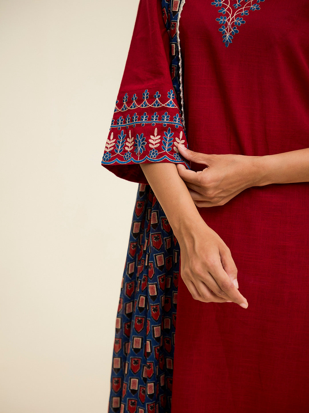 Maroon Embroidered Cotton Kurta Set With Dupatta