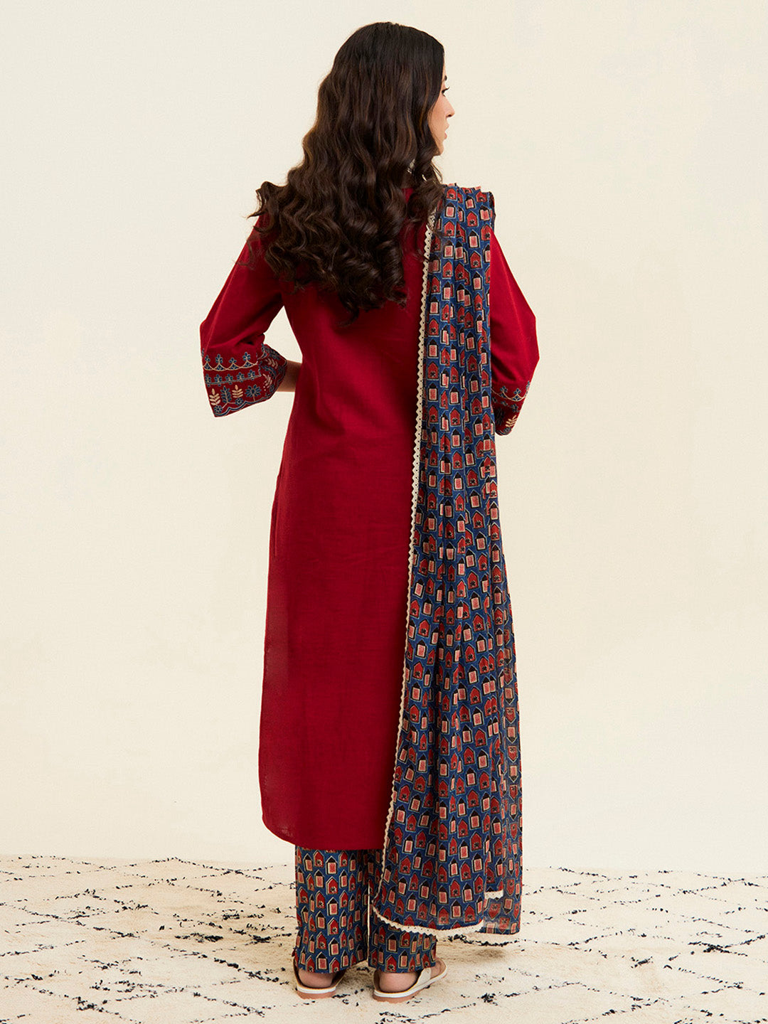 Maroon Embroidered Cotton Kurta Set With Dupatta