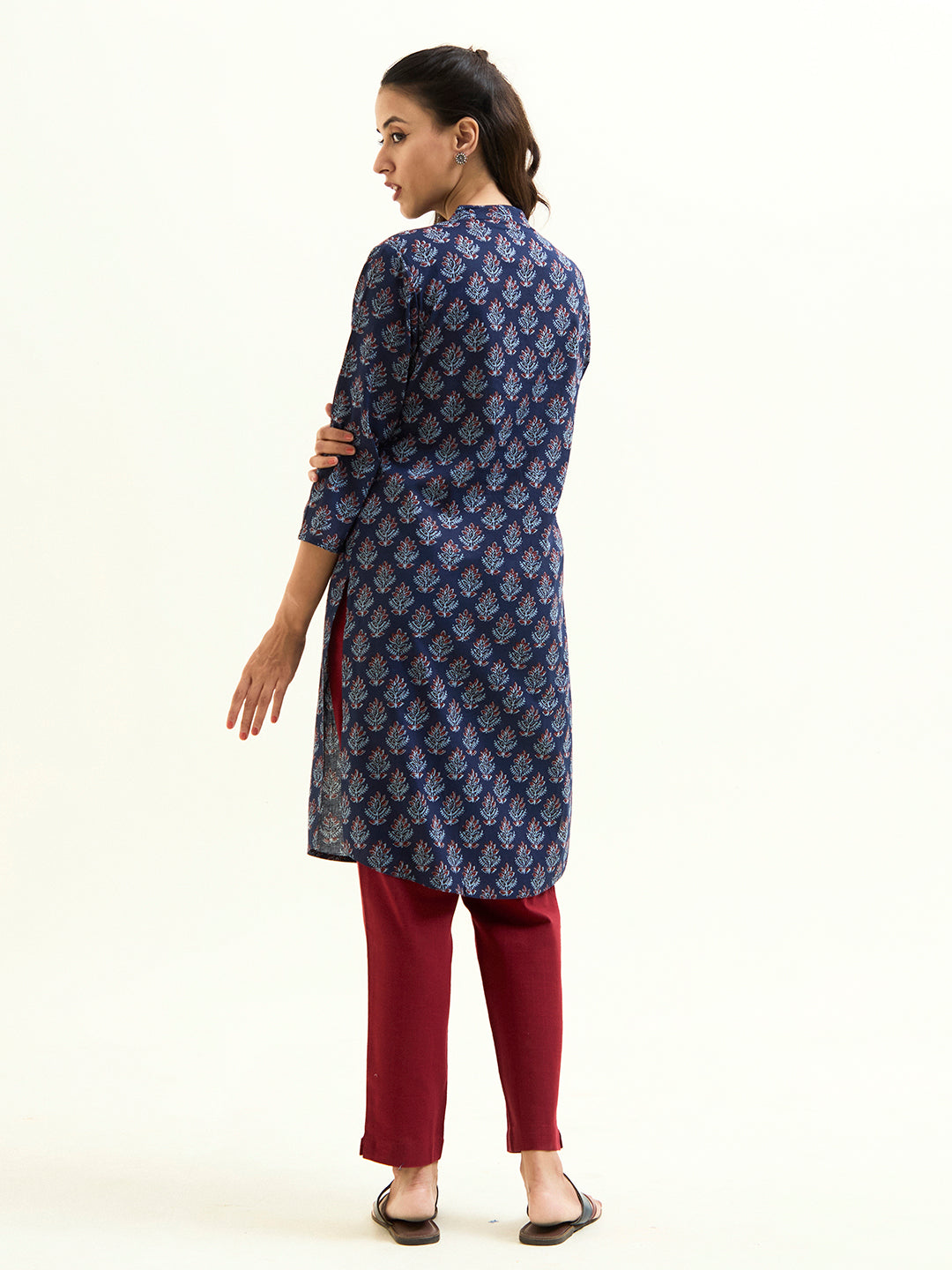 Navy Blue Ethnic Printed Short Kurta