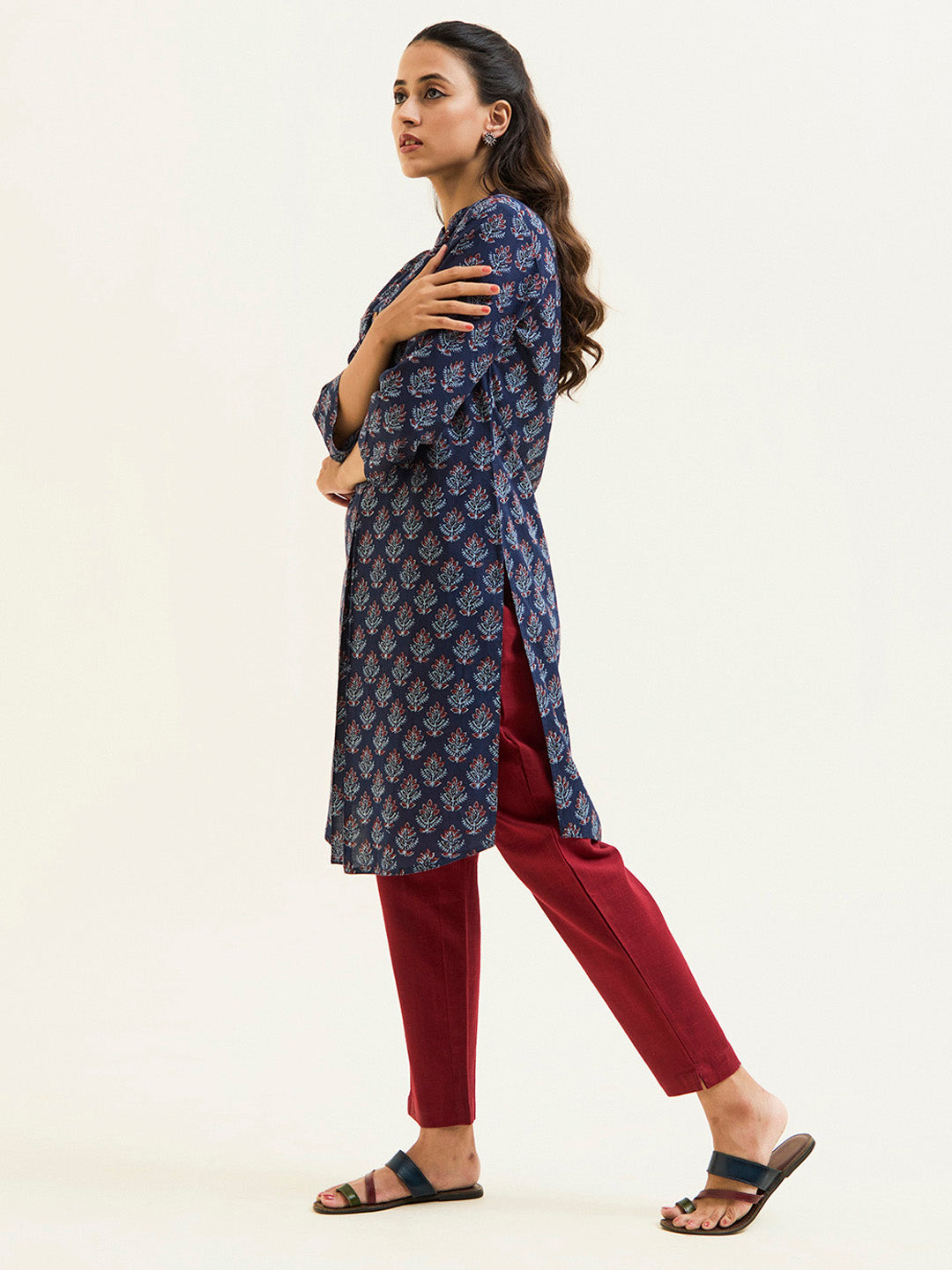 Navy Blue Ethnic Printed Short Kurta