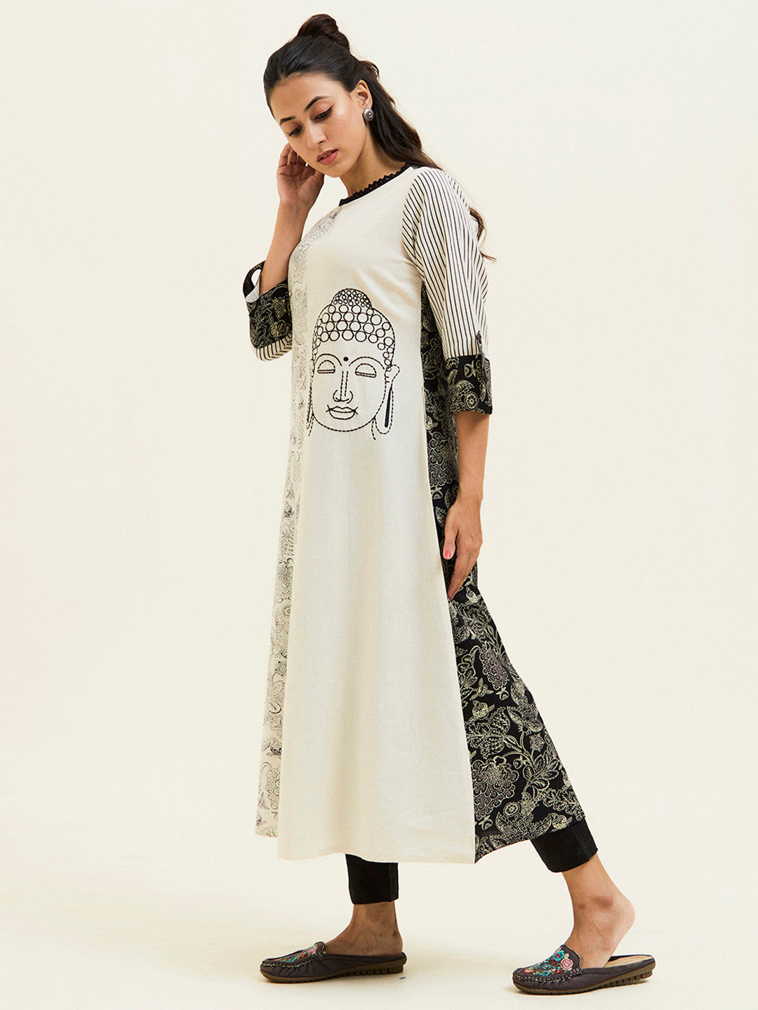 Black Handblock Printed Buddha Embroidered A-line Kurta