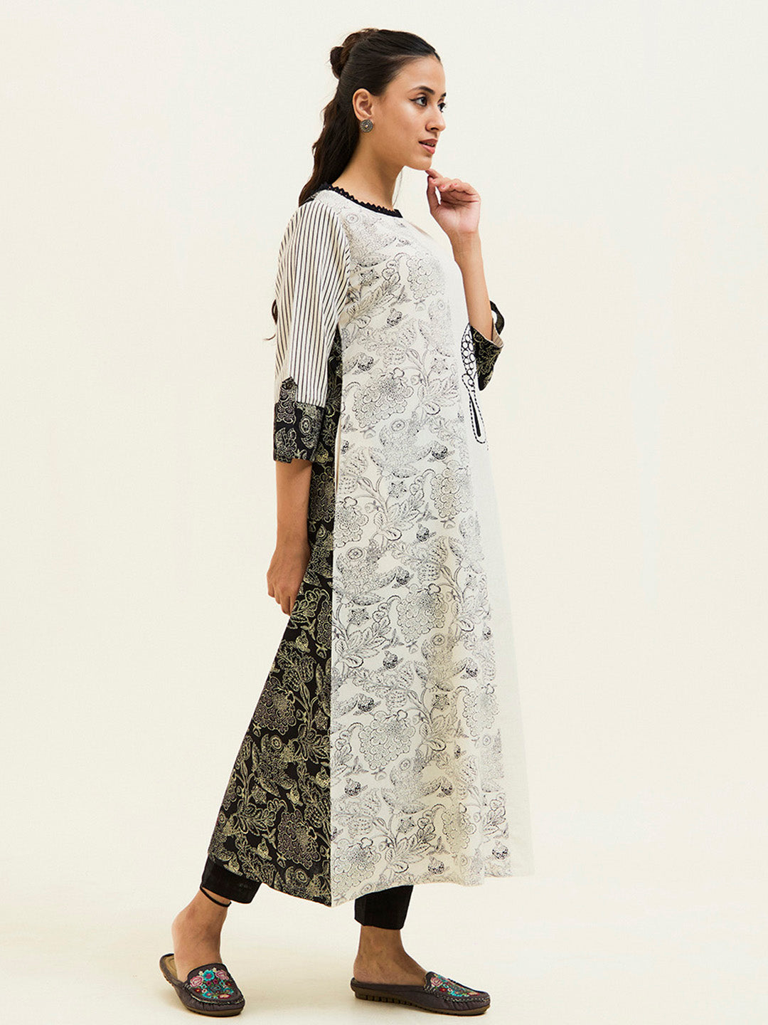 Black Handblock Printed Buddha Embroidered A-line Kurta