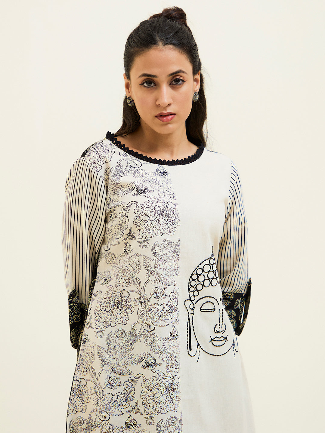 Black Handblock Printed Buddha Embroidered A-line Kurta