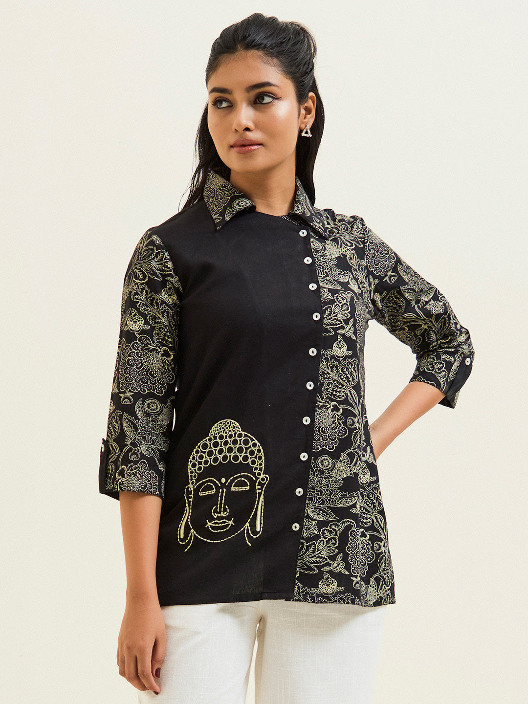 Buddha Embroidered Handblock Printed Overlapped Shirt