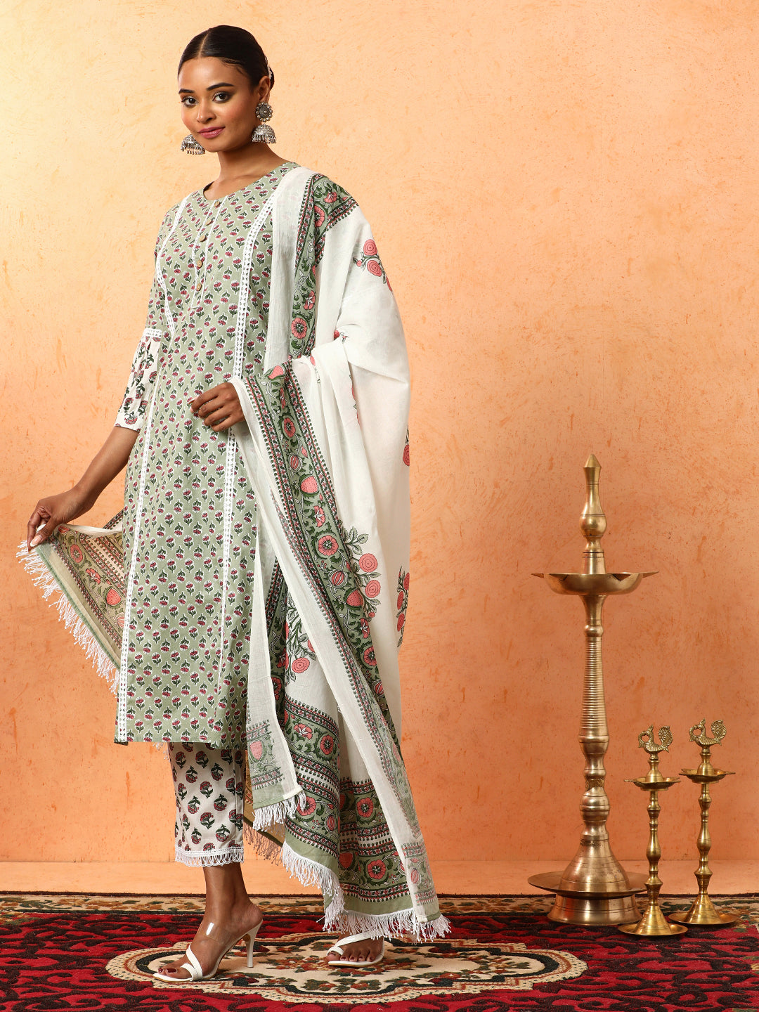Floral Embroidered A-Line Pure Cotton Kurta & Trousers Sets