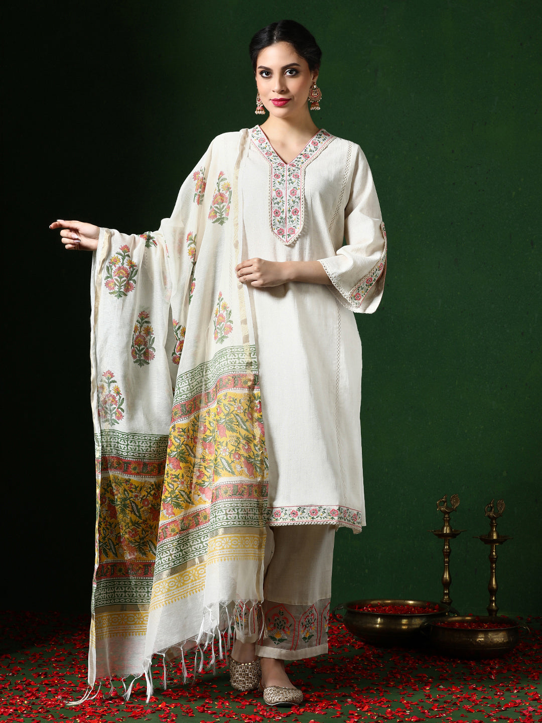 Floral Embroidered A-Line Cotton Blend Kurta & Trousers Sets