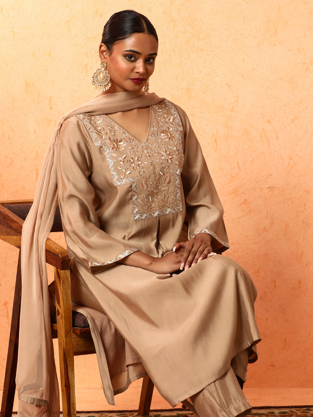 Floral Embroidered A-Line Cotton Blend Kurta & Trousers Sets