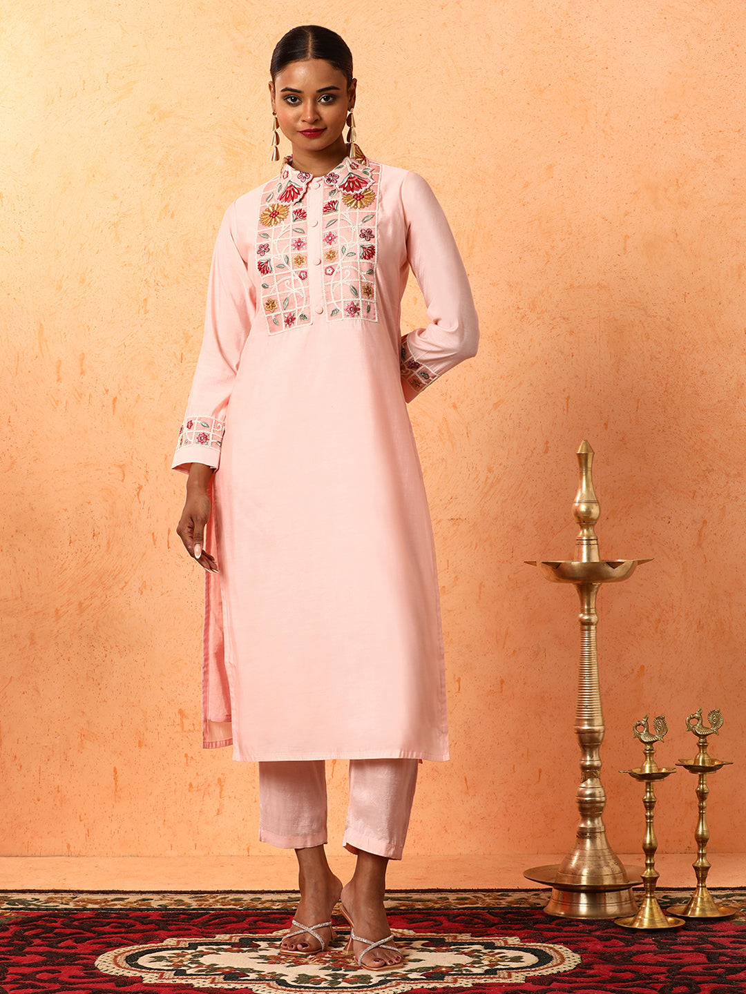 Floral Embroidered Straight Cotton Blend Kurta & Trousers Sets