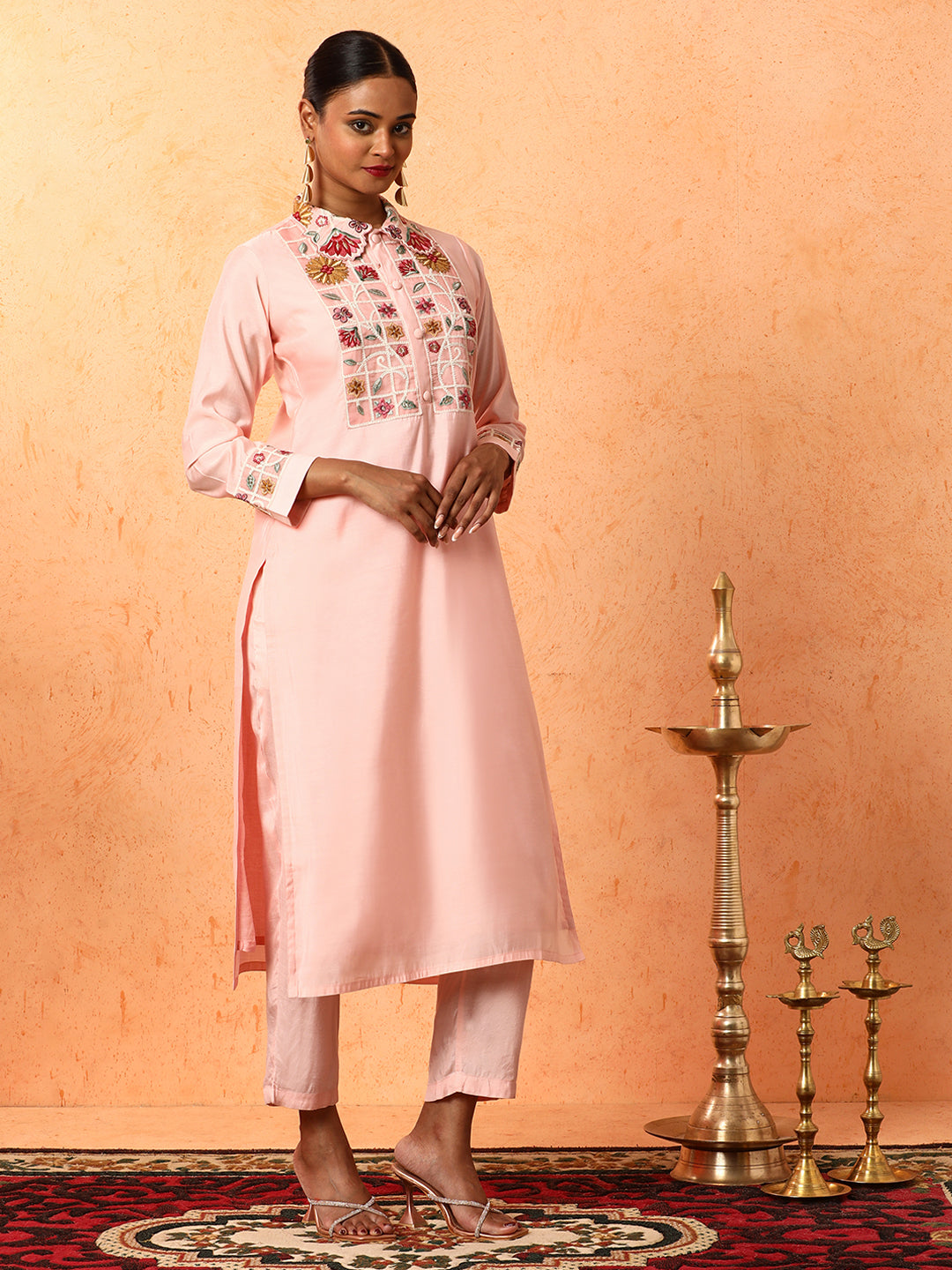 Floral Embroidered Straight Cotton Blend Kurta & Trousers Sets