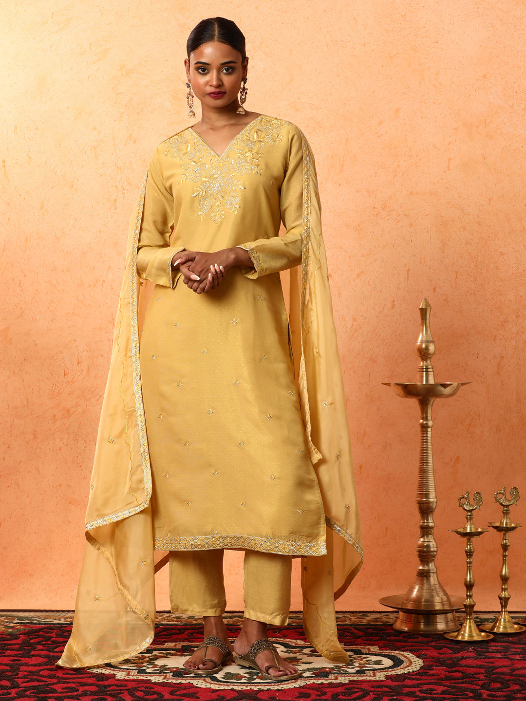 Floral Embroidered A-Line Organza Kurta & Trousers Sets