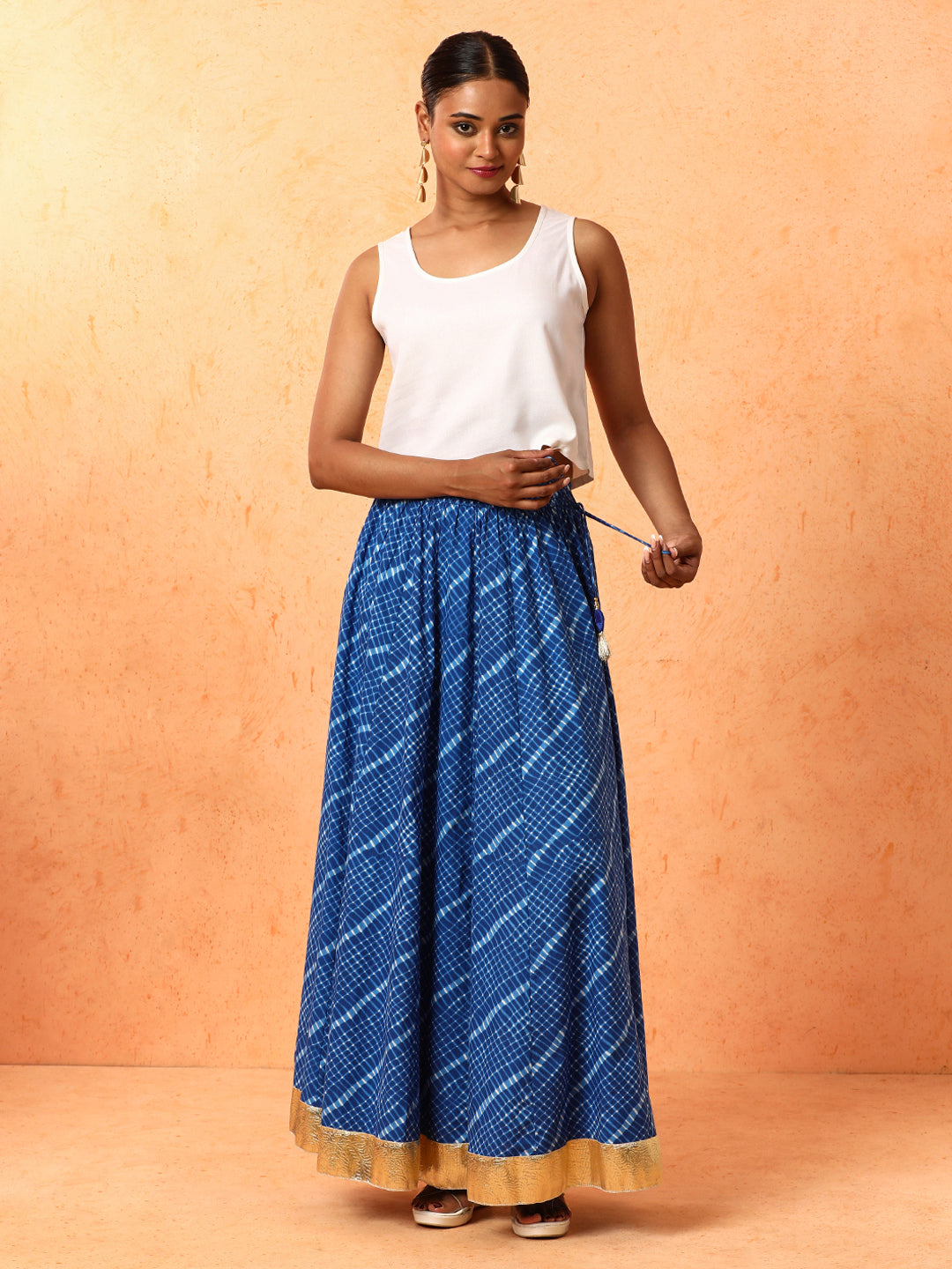 Checked Embroidered Pure Cotton Long Skirt