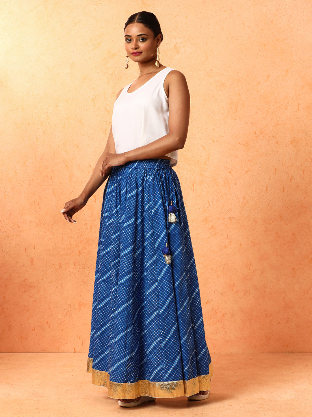 Checked Embroidered Pure Cotton Long Skirt