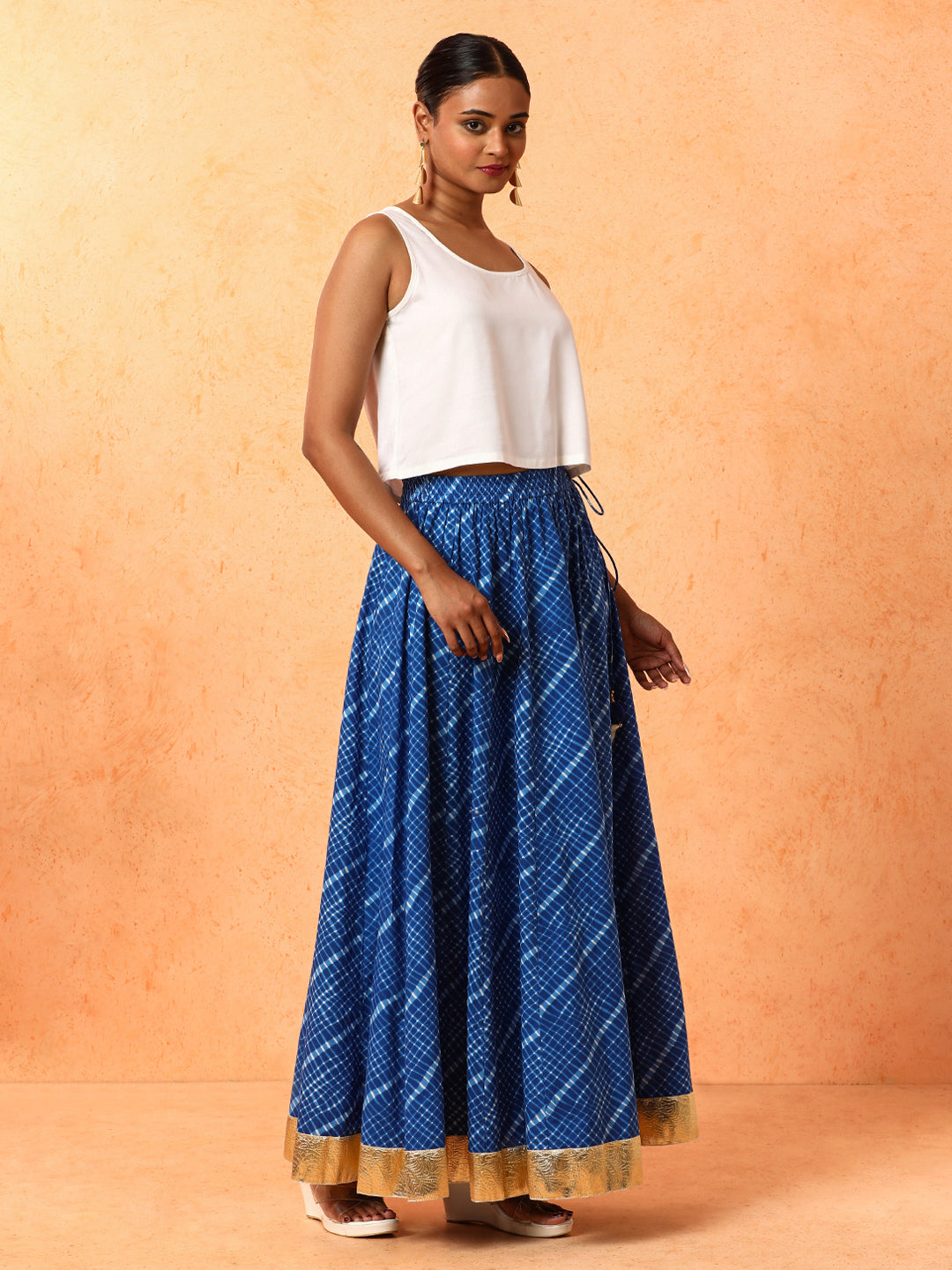 Checked Embroidered Pure Cotton Long Skirt