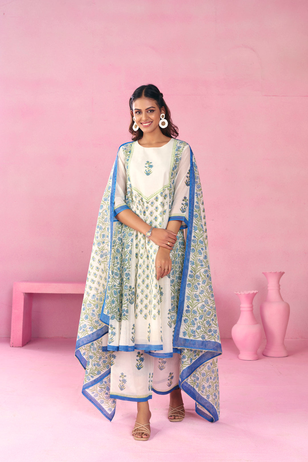 Floral Embroidered A-Line Chanderi Cotton Kurta & Trousers Sets